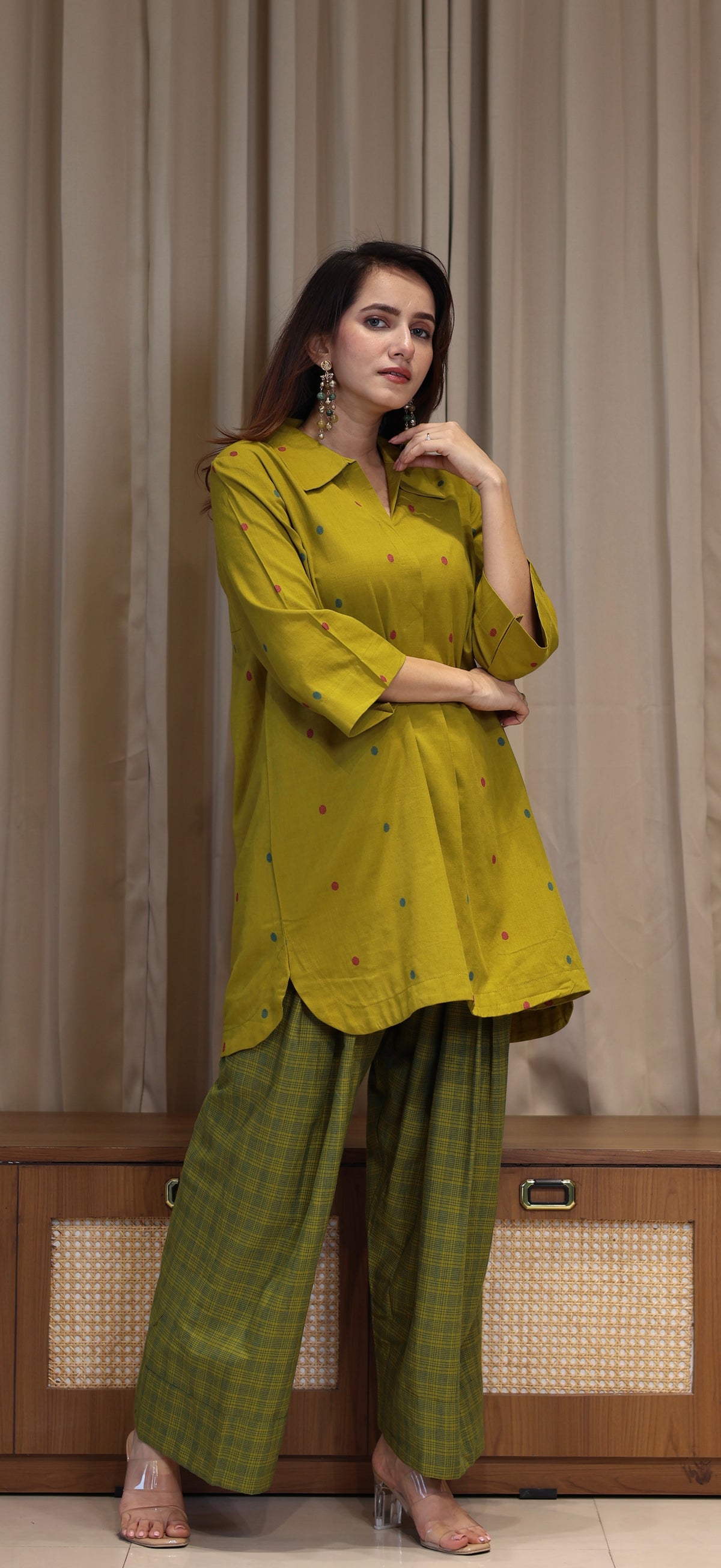 Riddhi Mercerised Cotton Handwoven Kurta Set - Mustard Olive