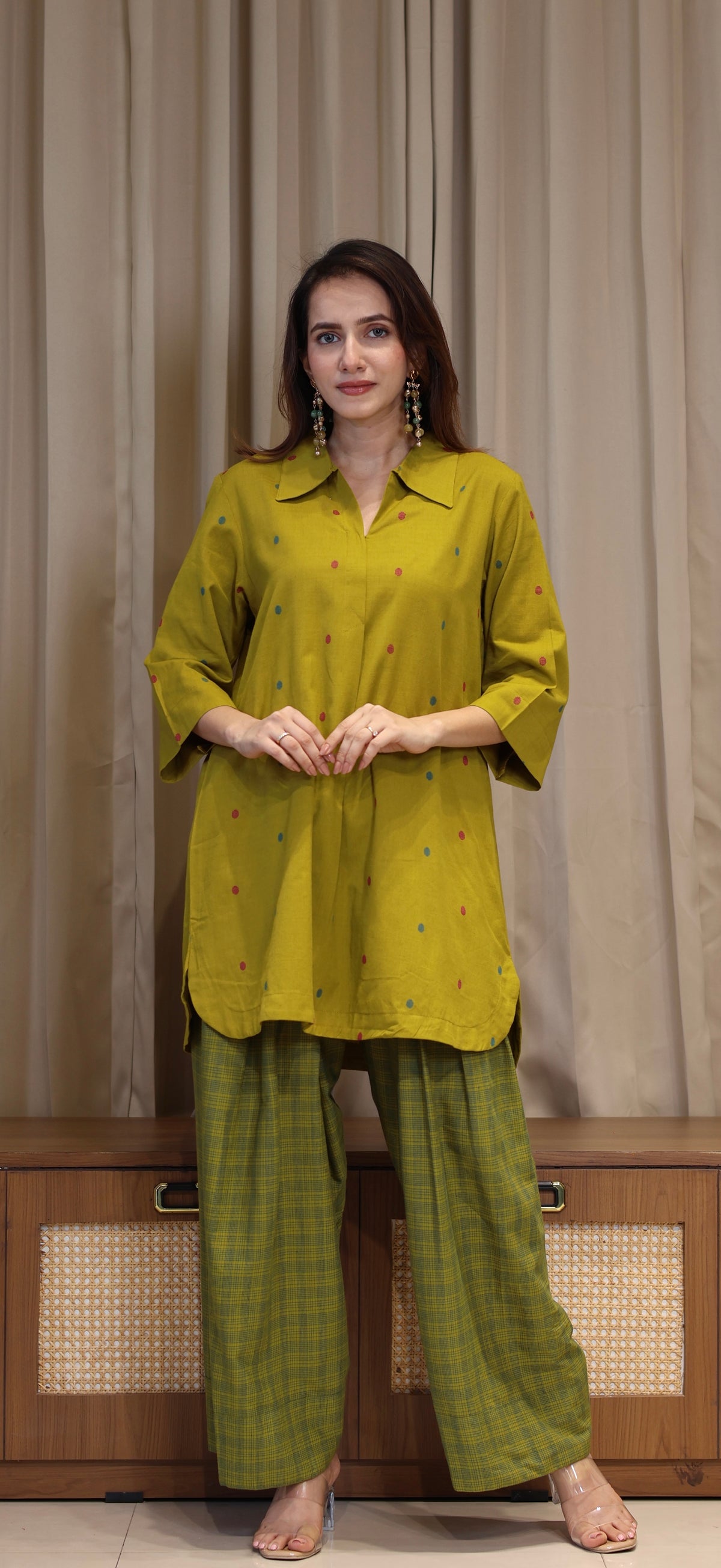 Riddhi Mercerised Cotton Handwoven Kurta Set - Mustard Olive