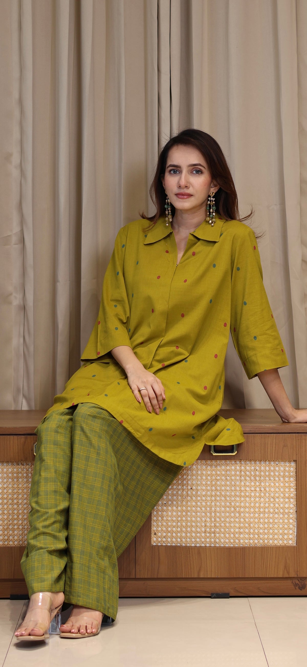 Riddhi Mercerised Cotton Handwoven Kurta Set - Mustard Olive