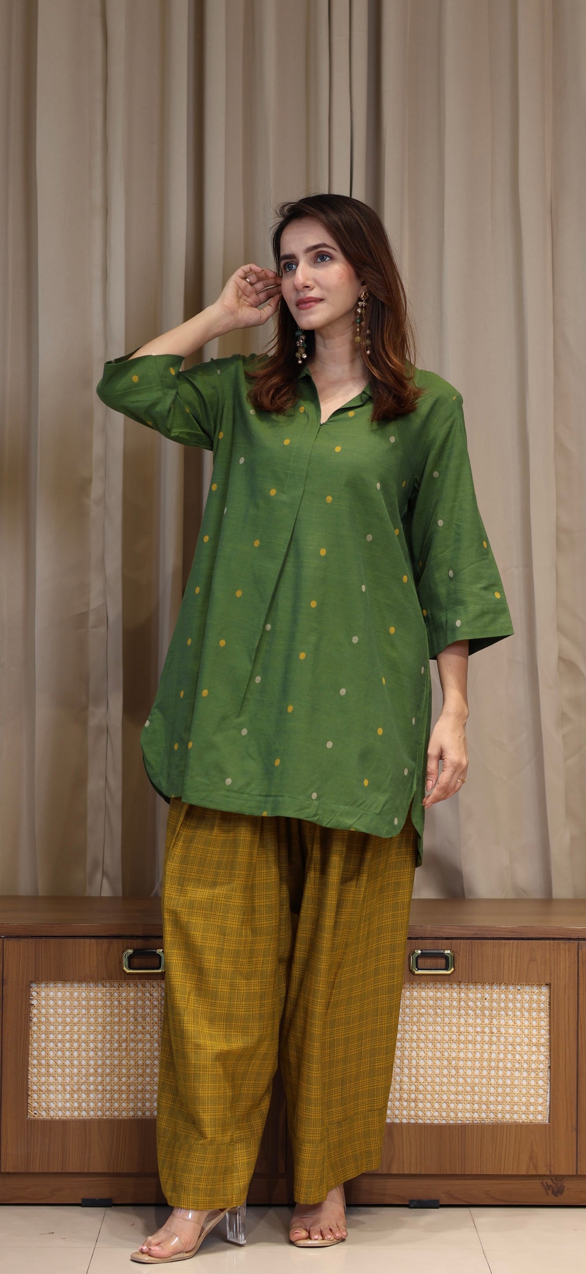 Yatika Mercerised Cotton Handwoven Kurta Set - Green
