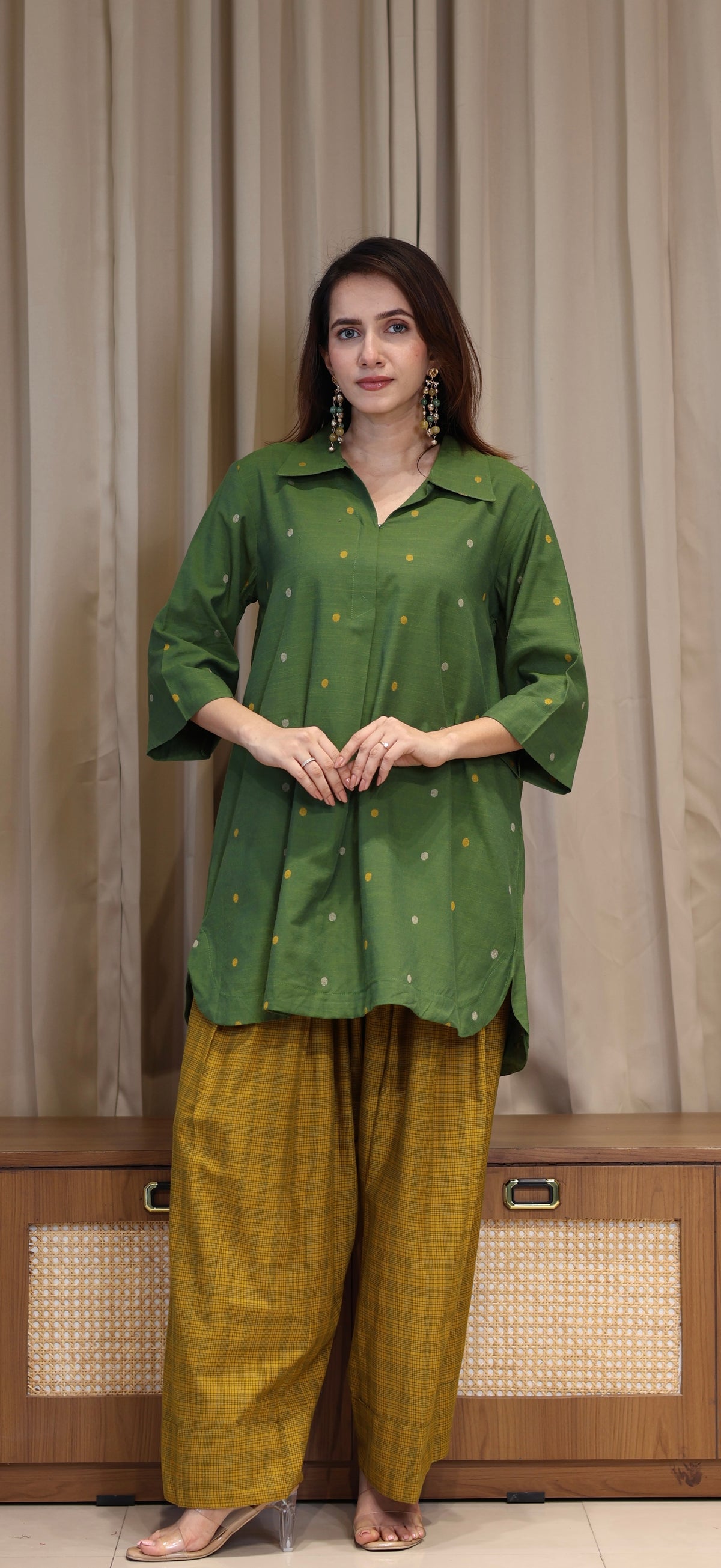 Yatika Mercerised Cotton Handwoven Kurta Set - Green