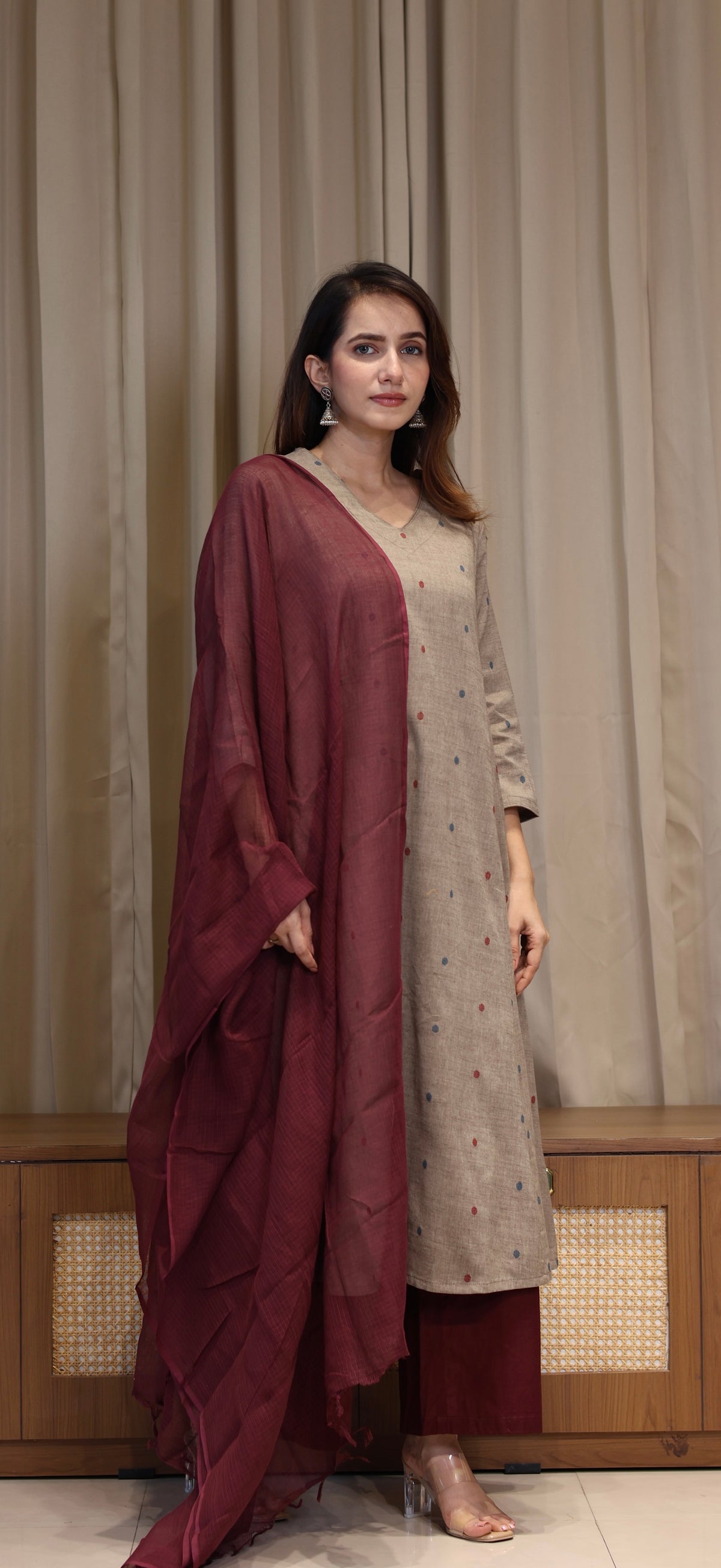 Farida Mercerised Cotton Handwoven Kurta - Warm Taupe