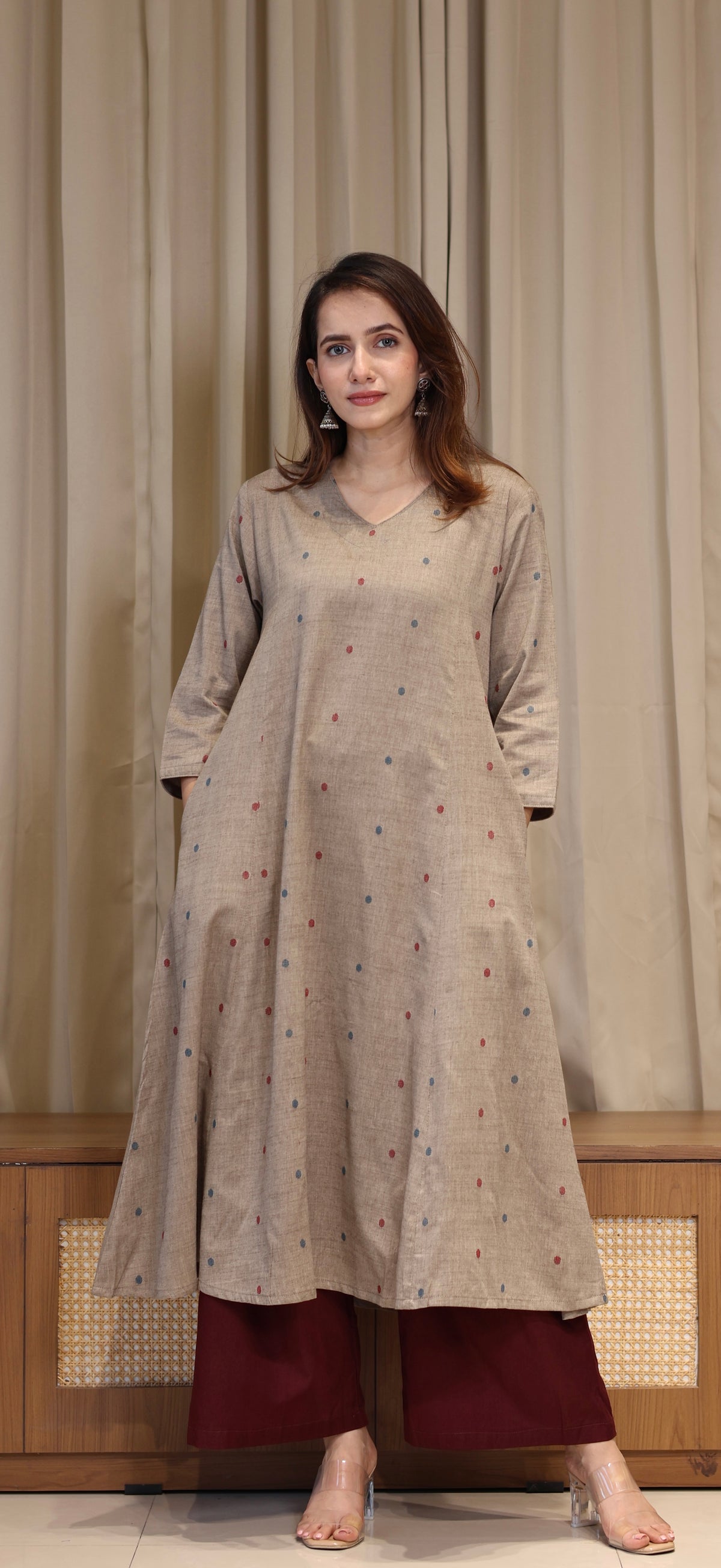 Farida Mercerised Cotton Handwoven Kurta - Warm Taupe