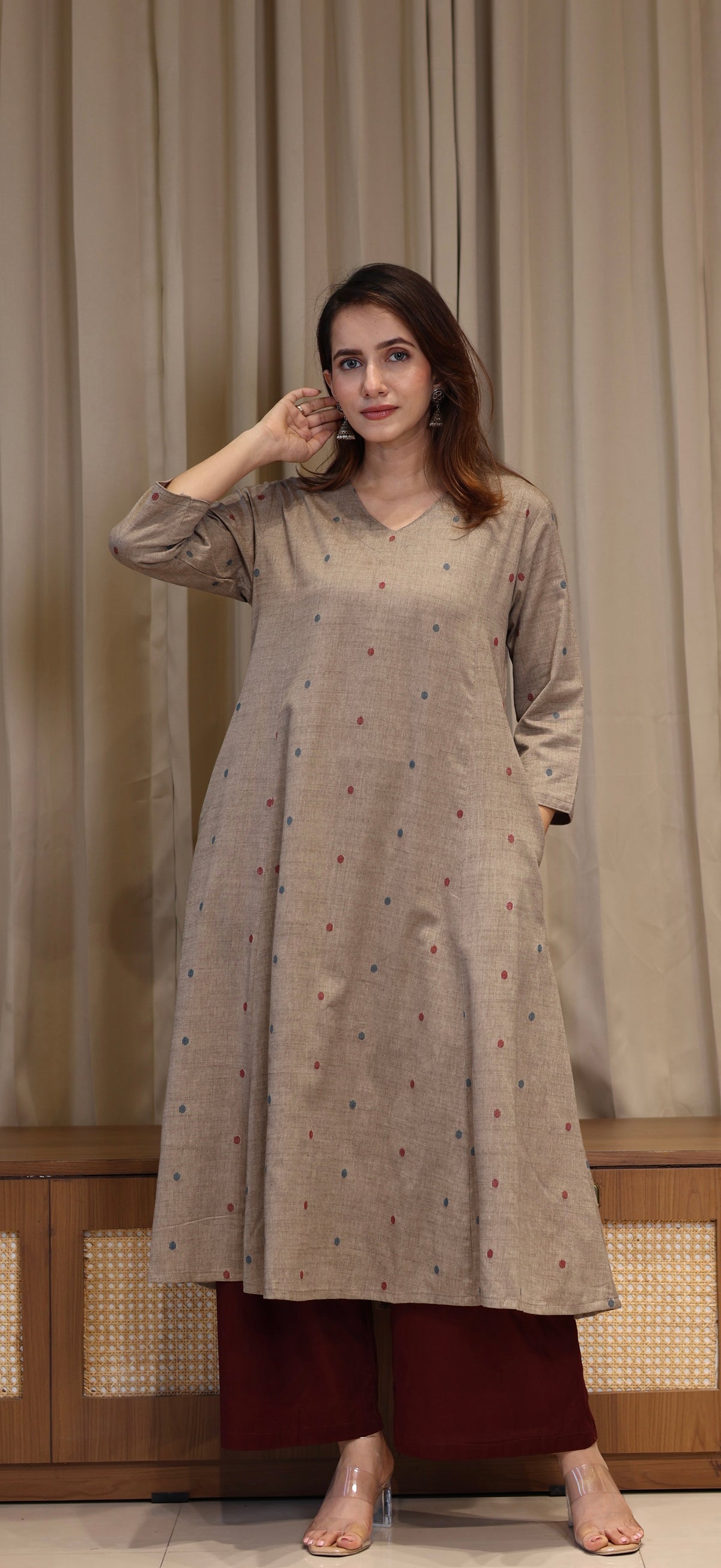 Farida Mercerised Cotton Handwoven Kurta - Warm Taupe