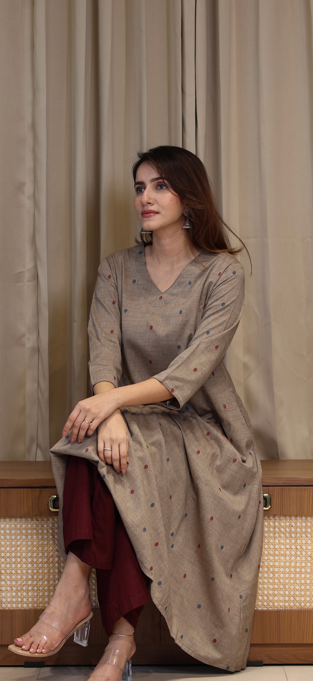 Farida Mercerised Cotton Handwoven Kurta - Warm Taupe