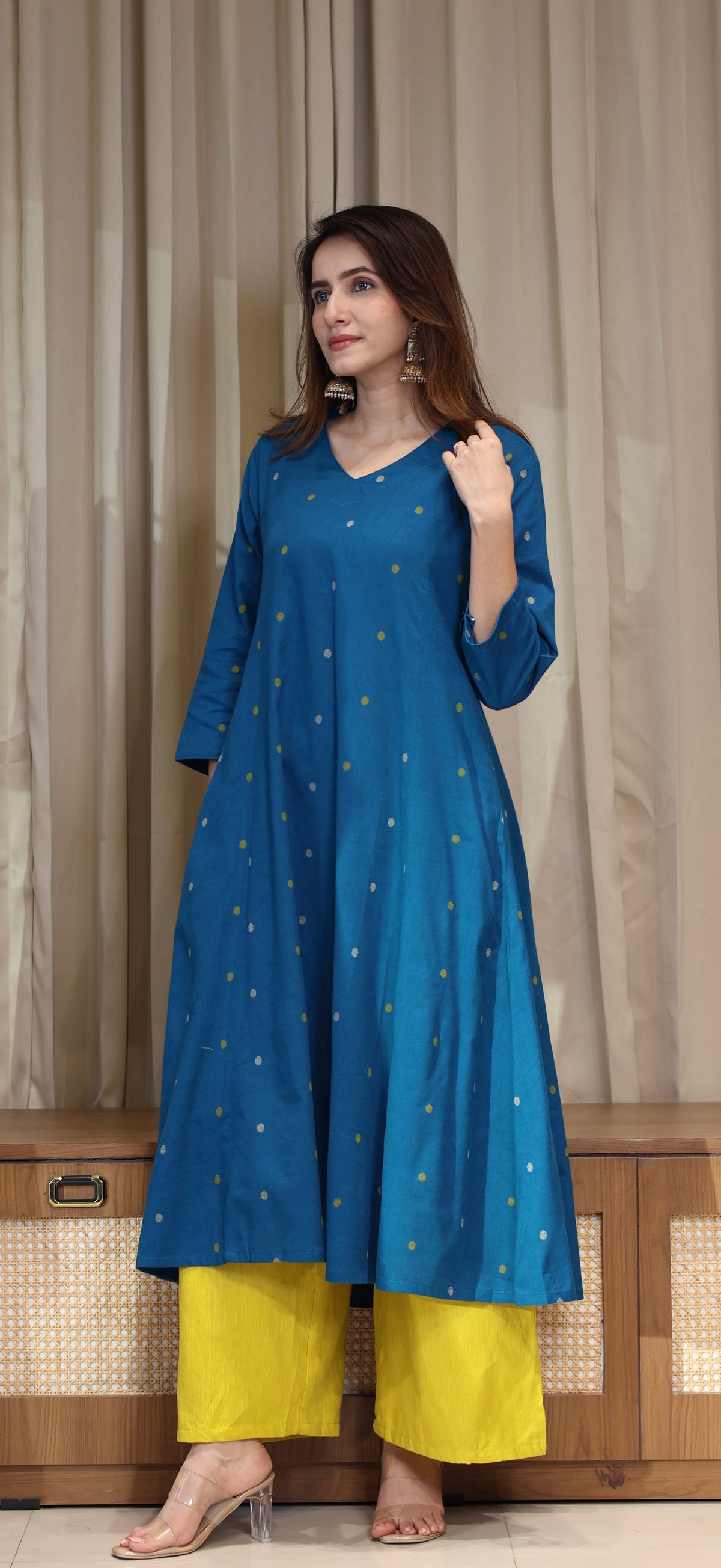 Gulnaz Mercerised Cotton Handwoven Kurta - Blue