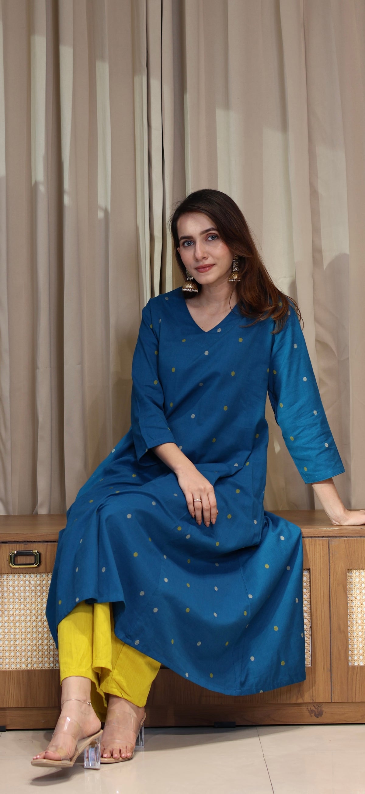 Gulnaz Mercerised Cotton Handwoven Kurta - Blue