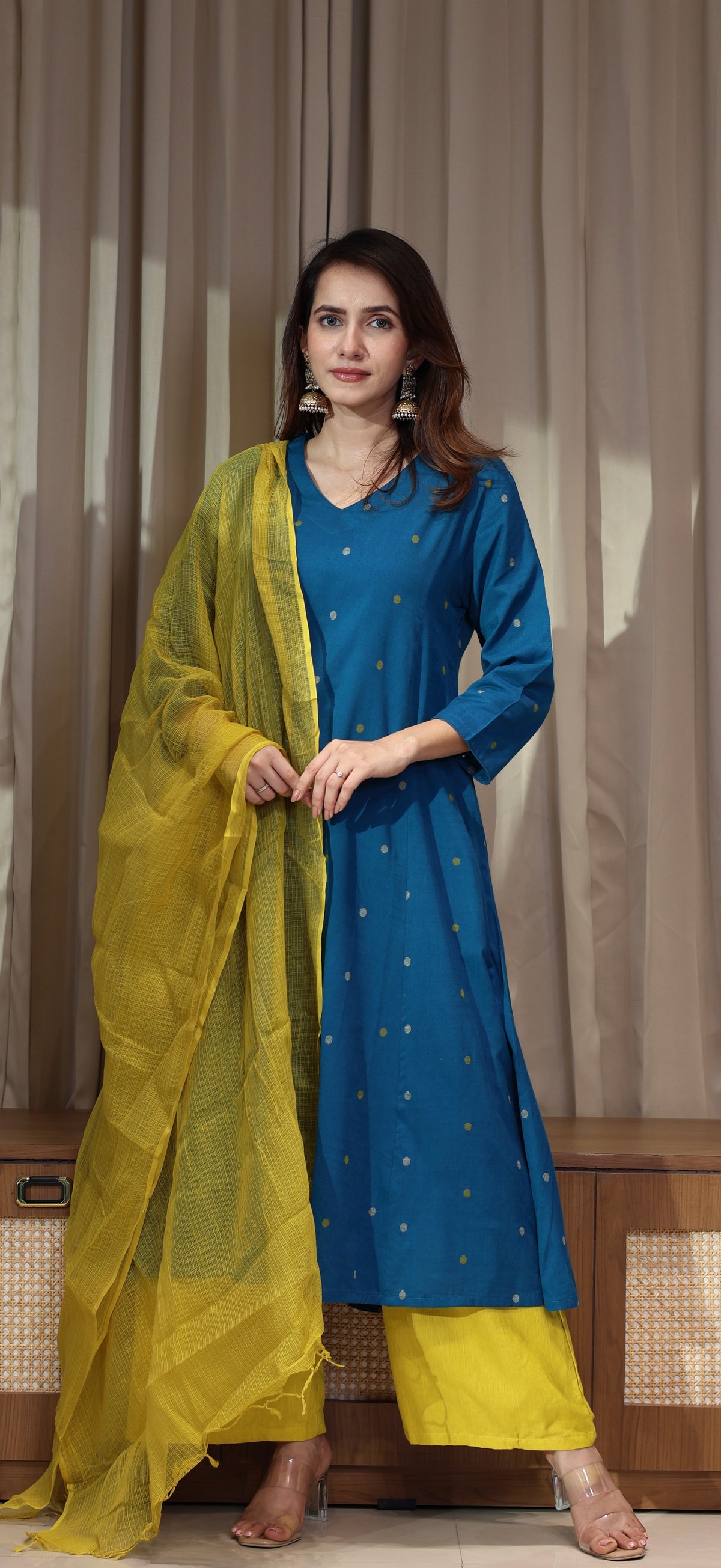 Gulnaz Mercerised Cotton Handwoven Kurta - Blue