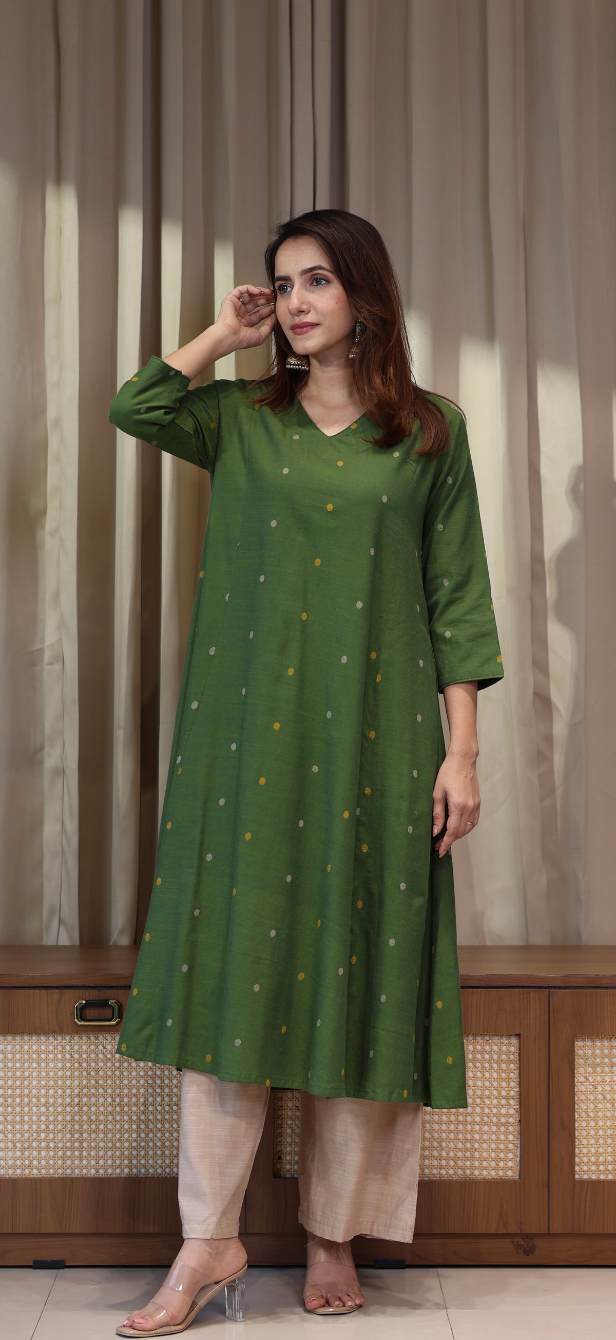 Naima Mercerised Cotton Handwoven Kurta - Green