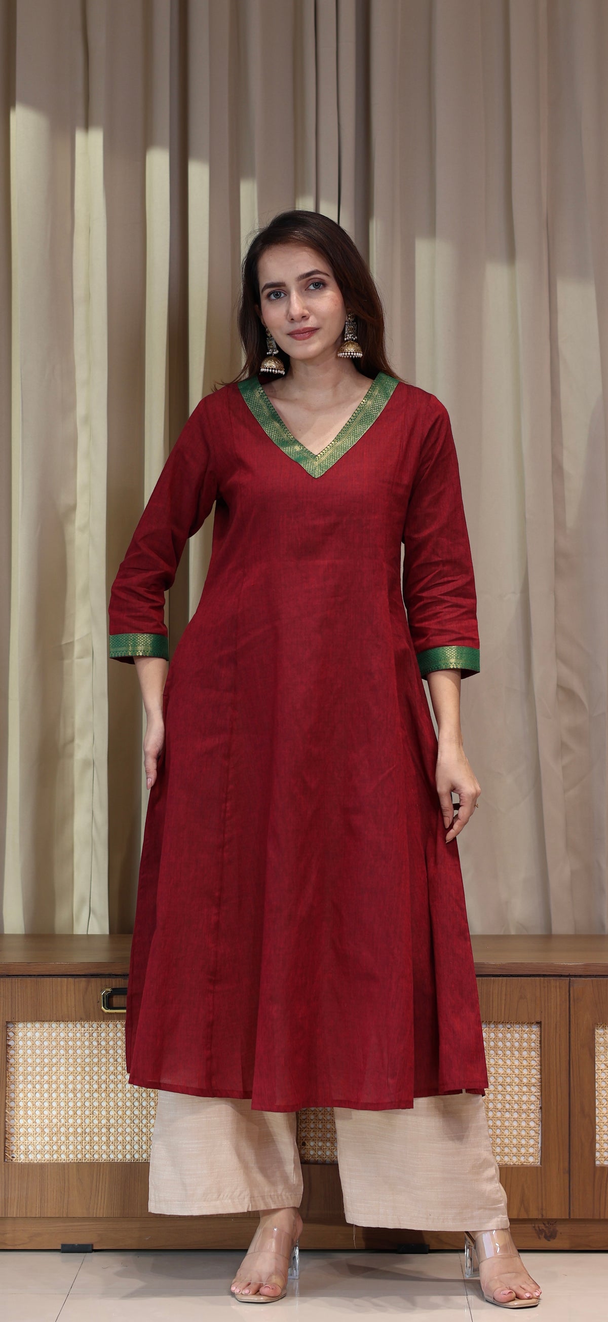Tabasum Mangalgiri Cotton Kali Kurta With Nizam Border - Maroon