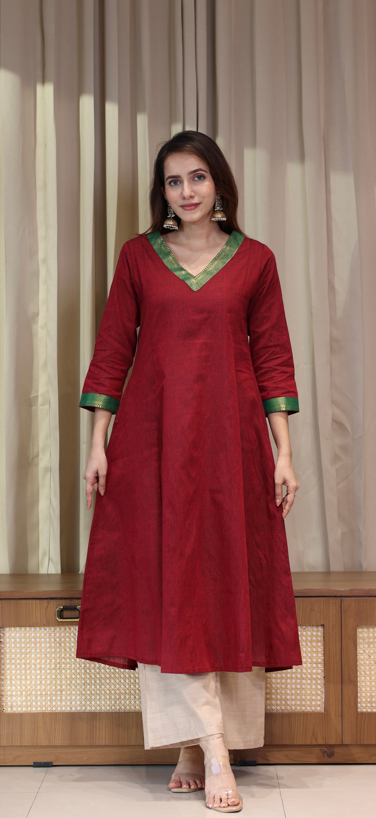 Tabasum Mangalgiri Cotton Kali Kurta With Nizam Border - Maroon