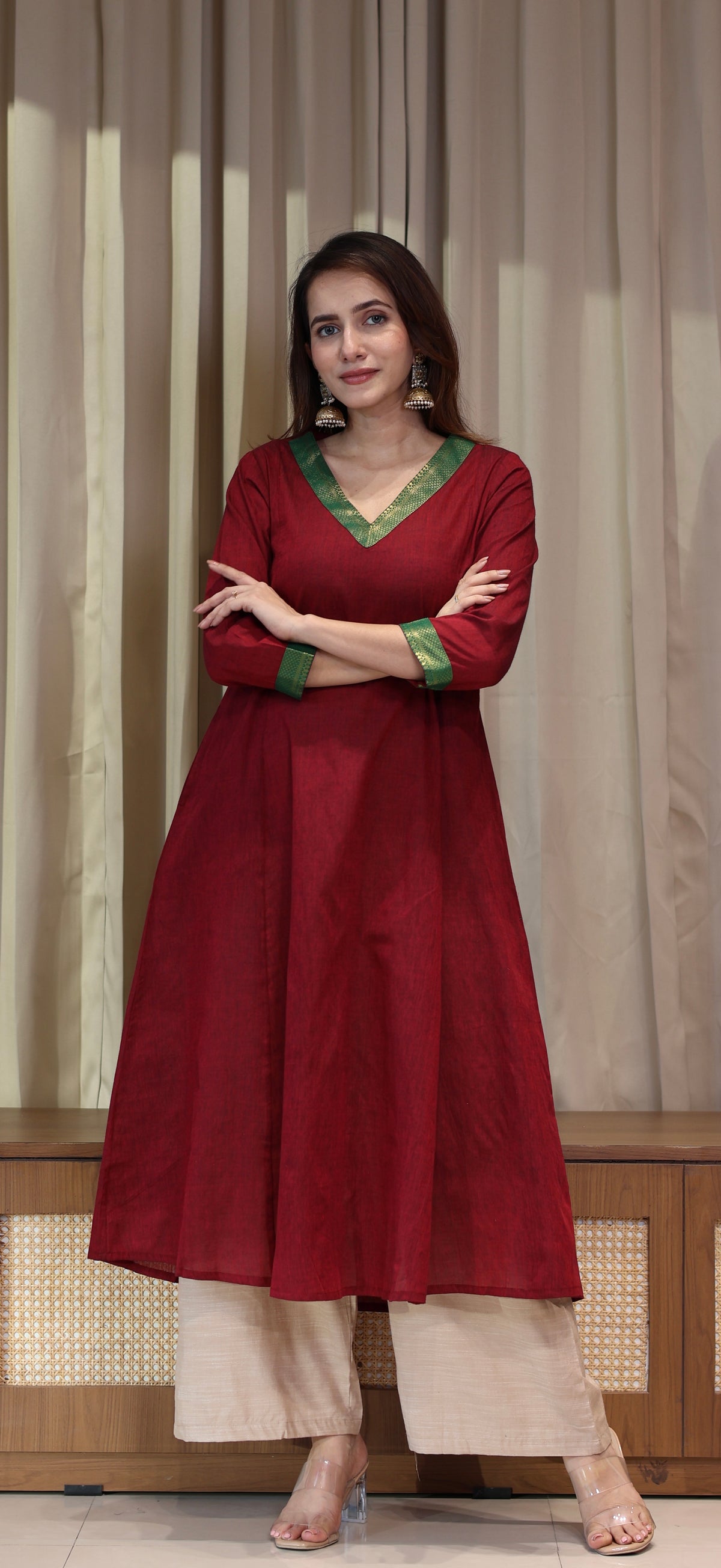 Tabasum Mangalgiri Cotton Kali Kurta With Nizam Border - Maroon