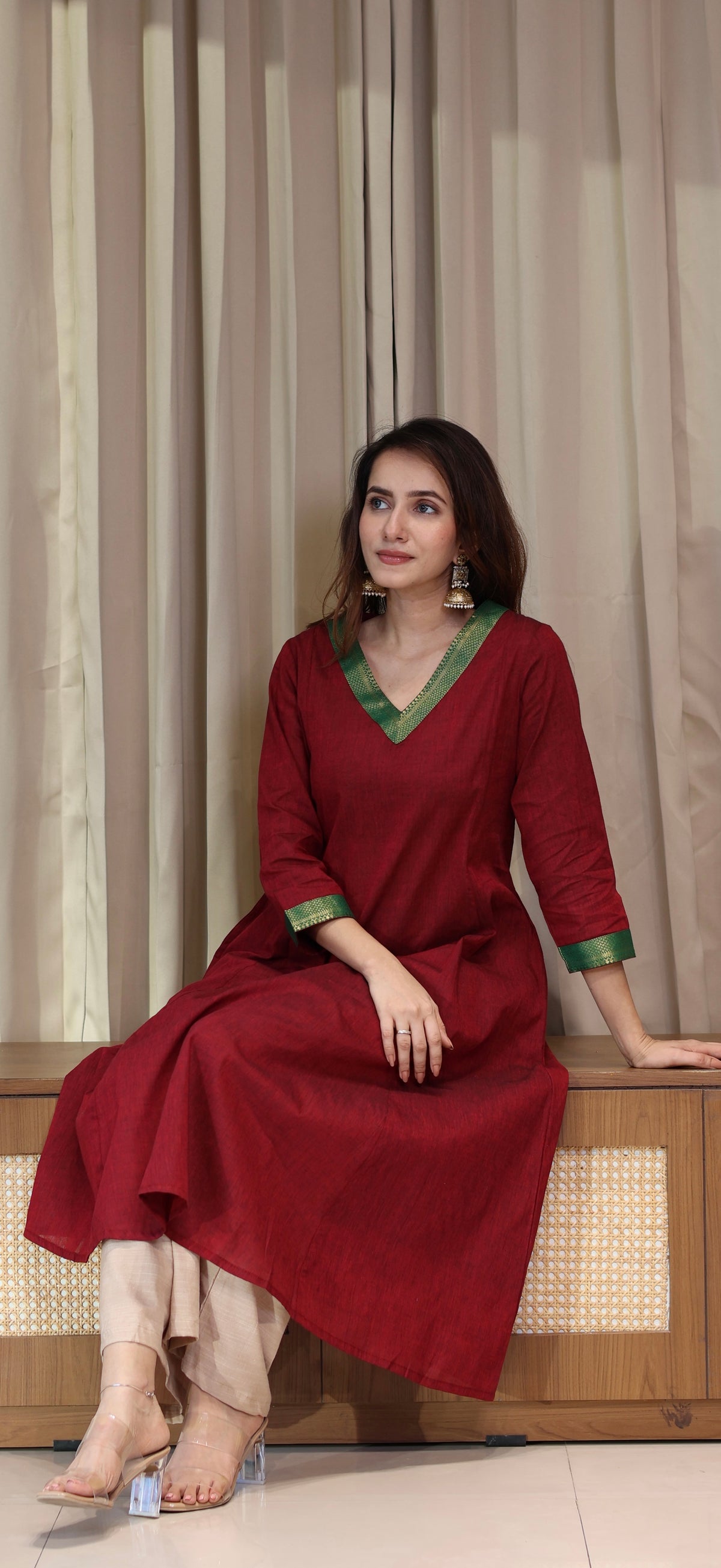 Tabasum Mangalgiri Cotton Kali Kurta With Nizam Border - Maroon
