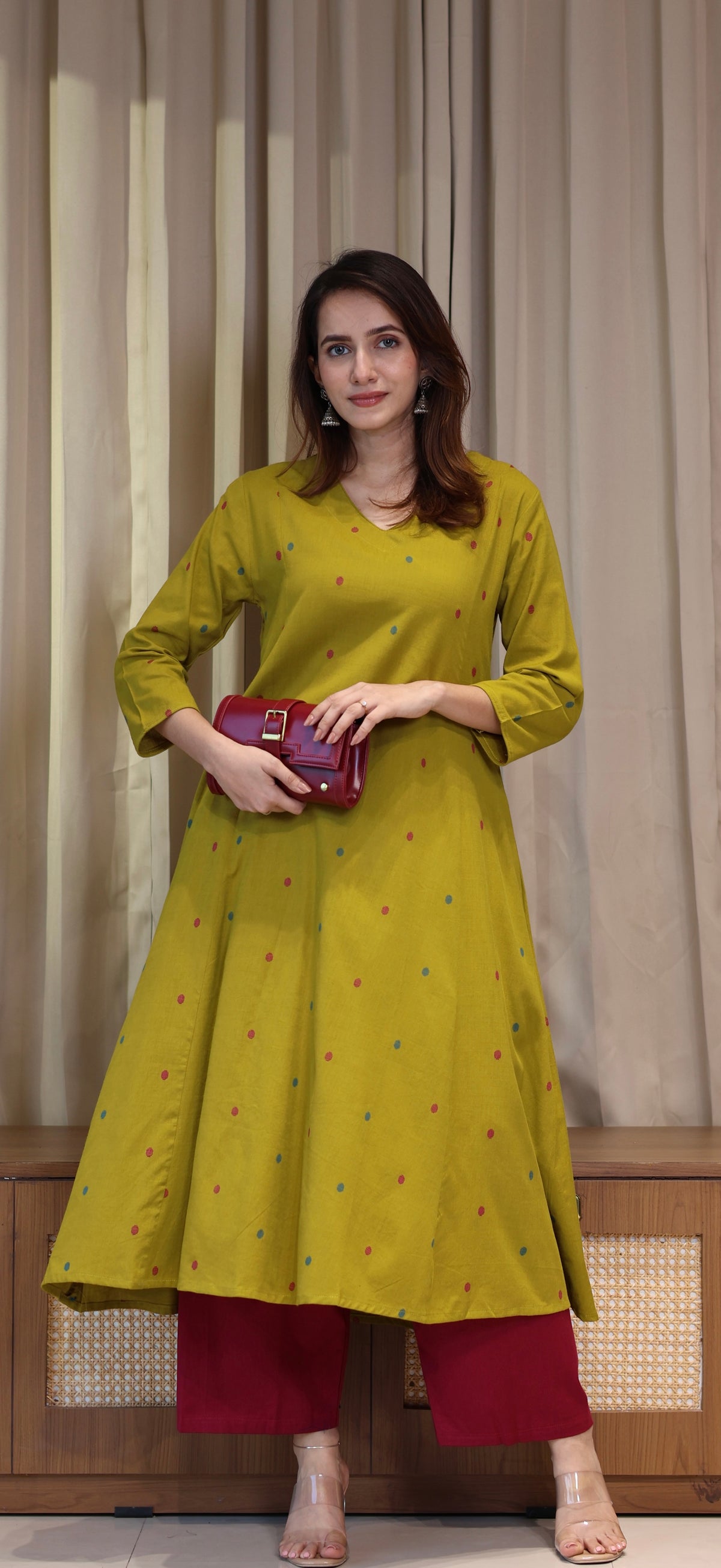 Shaisha Mercerised Cotton Handwoven Kurta - Mustard Olive
