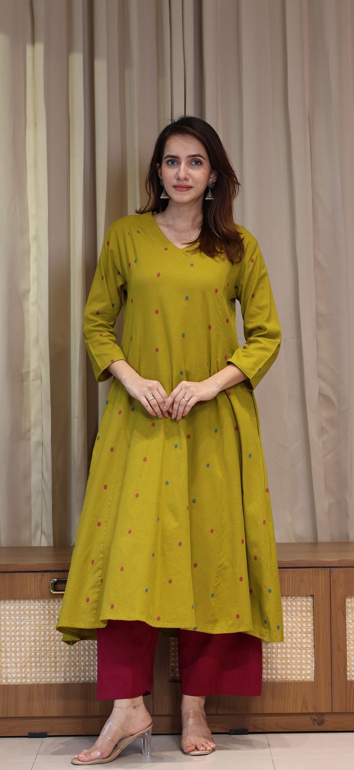 Shaisha Mercerised Cotton Handwoven Kurta - Mustard Olive