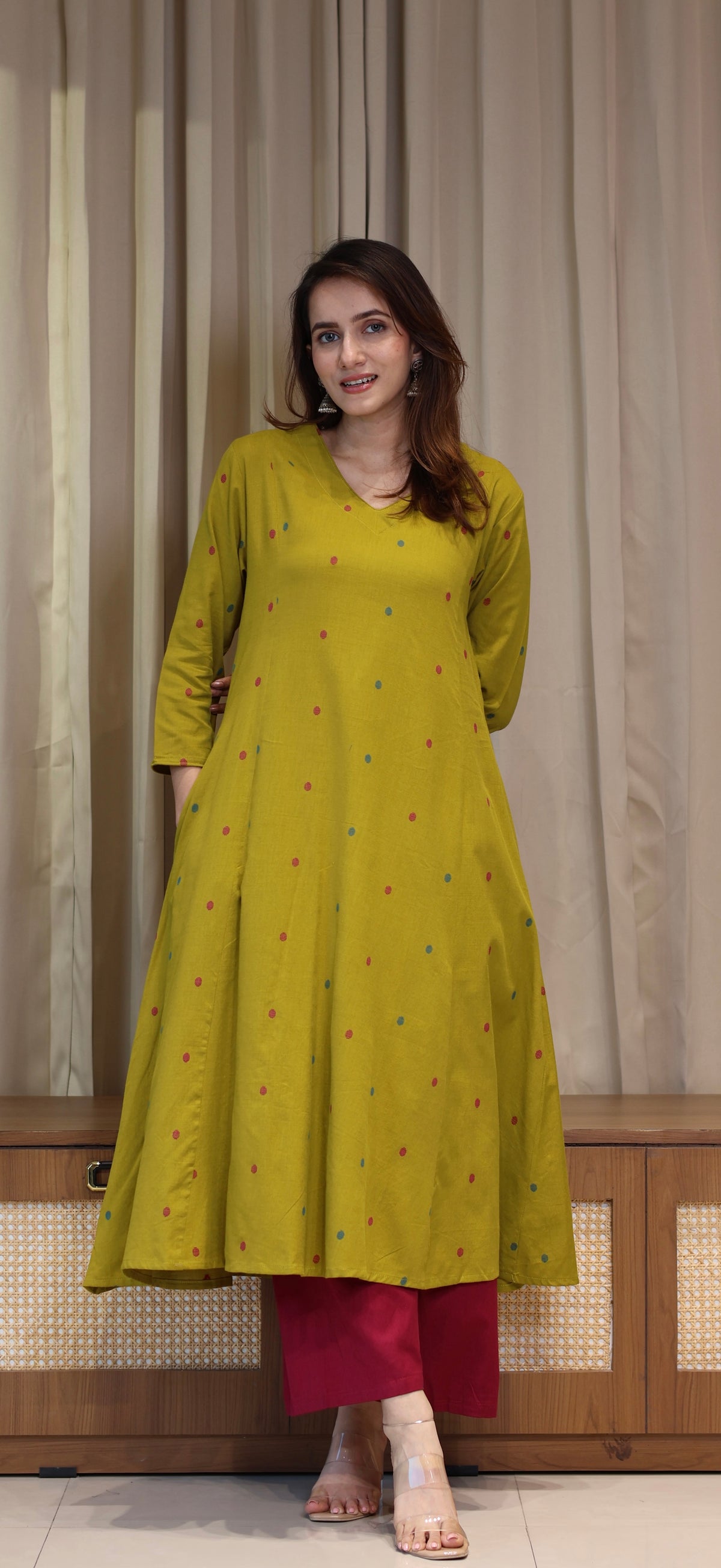 Shaisha Mercerised Cotton Handwoven Kurta - Mustard Olive