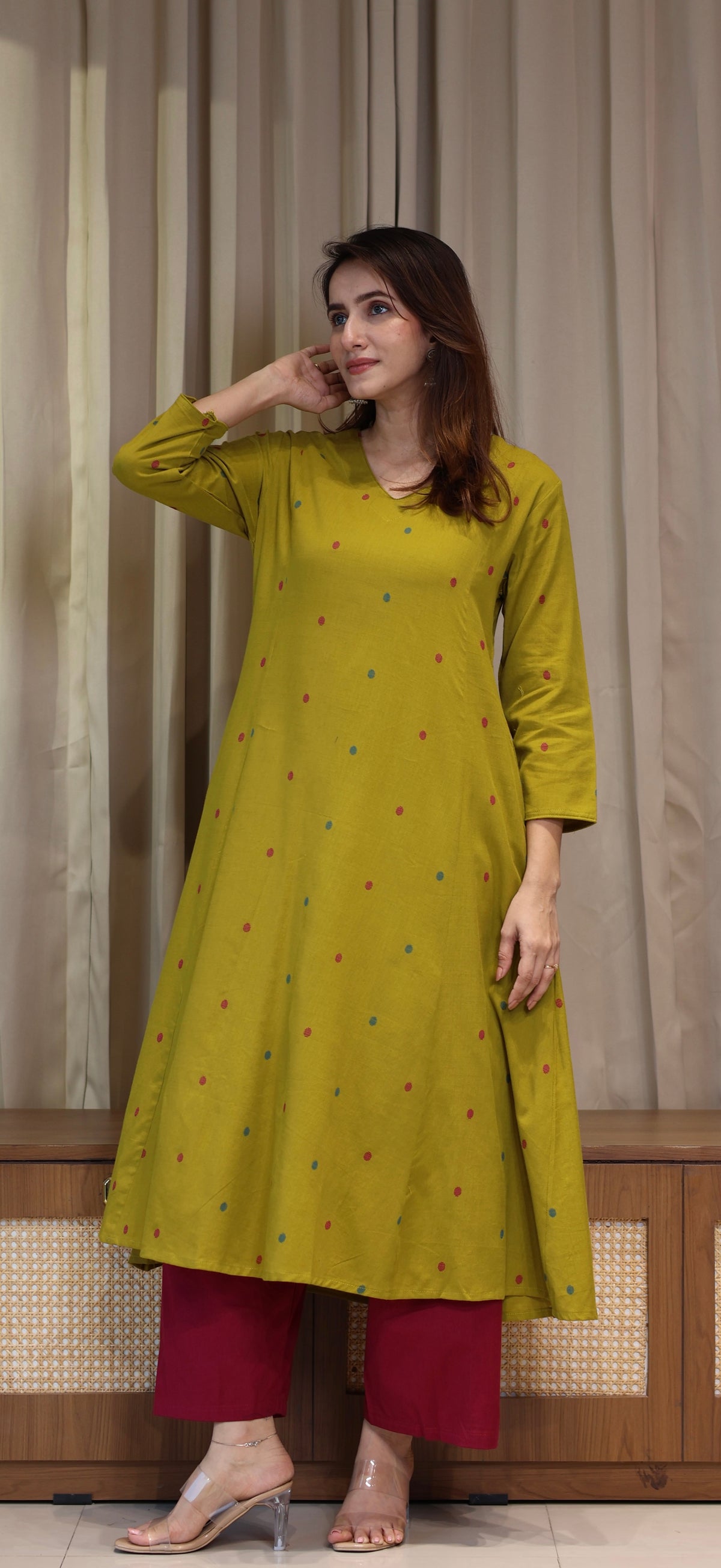 Shaisha Mercerised Cotton Handwoven Kurta - Mustard Olive