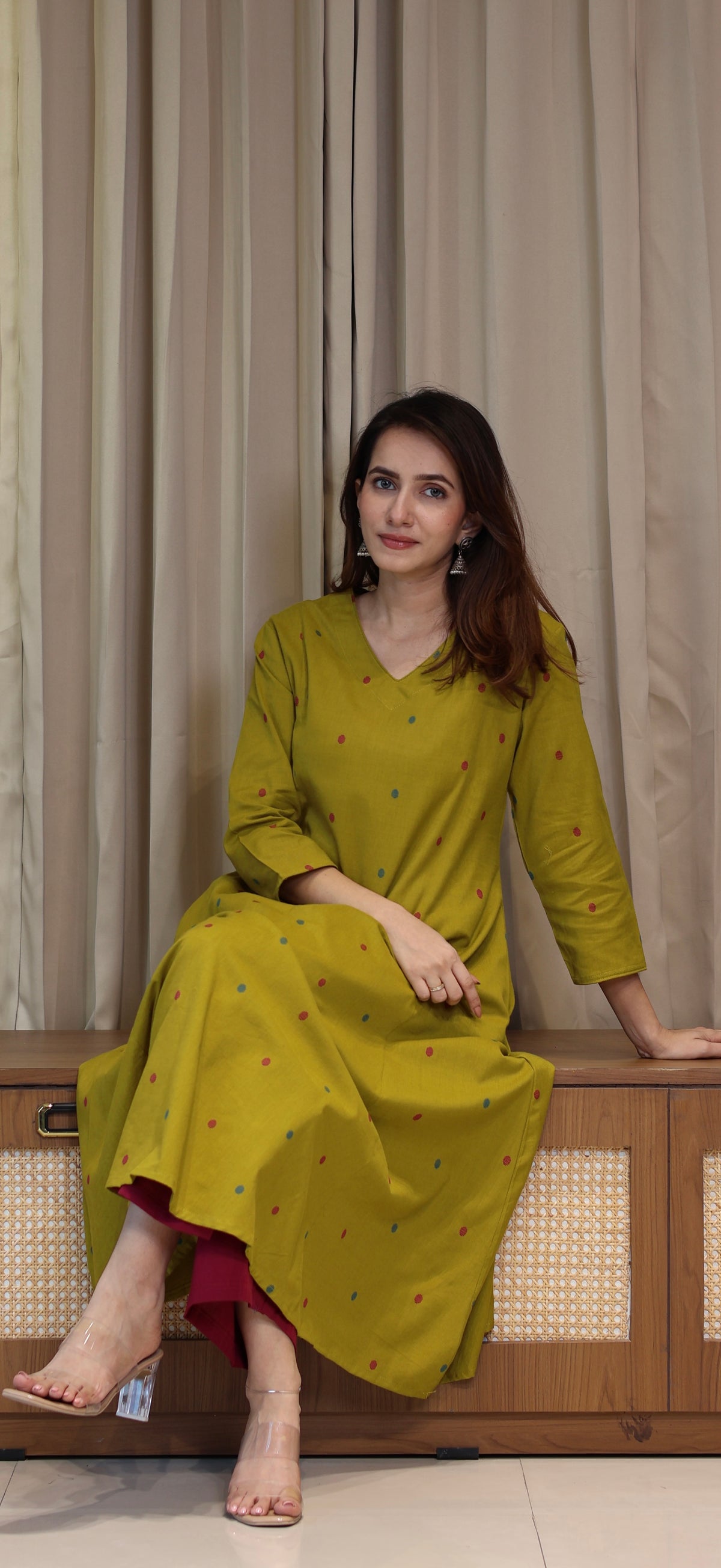Shaisha Mercerised Cotton Handwoven Kurta - Mustard Olive