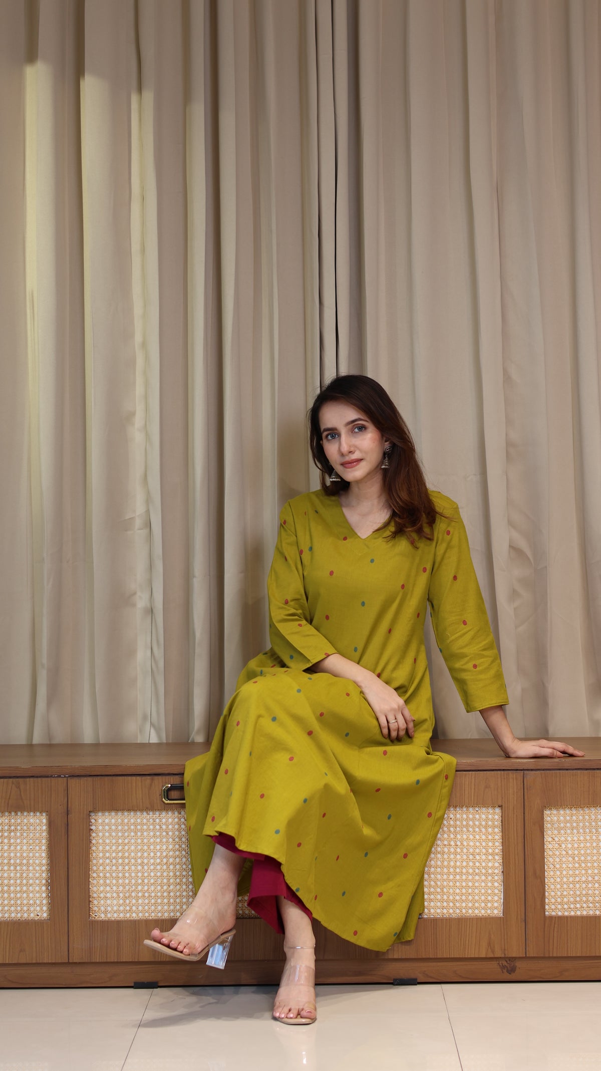 Shaisha Mercerised Cotton Handwoven Kurta - Mustard Olive