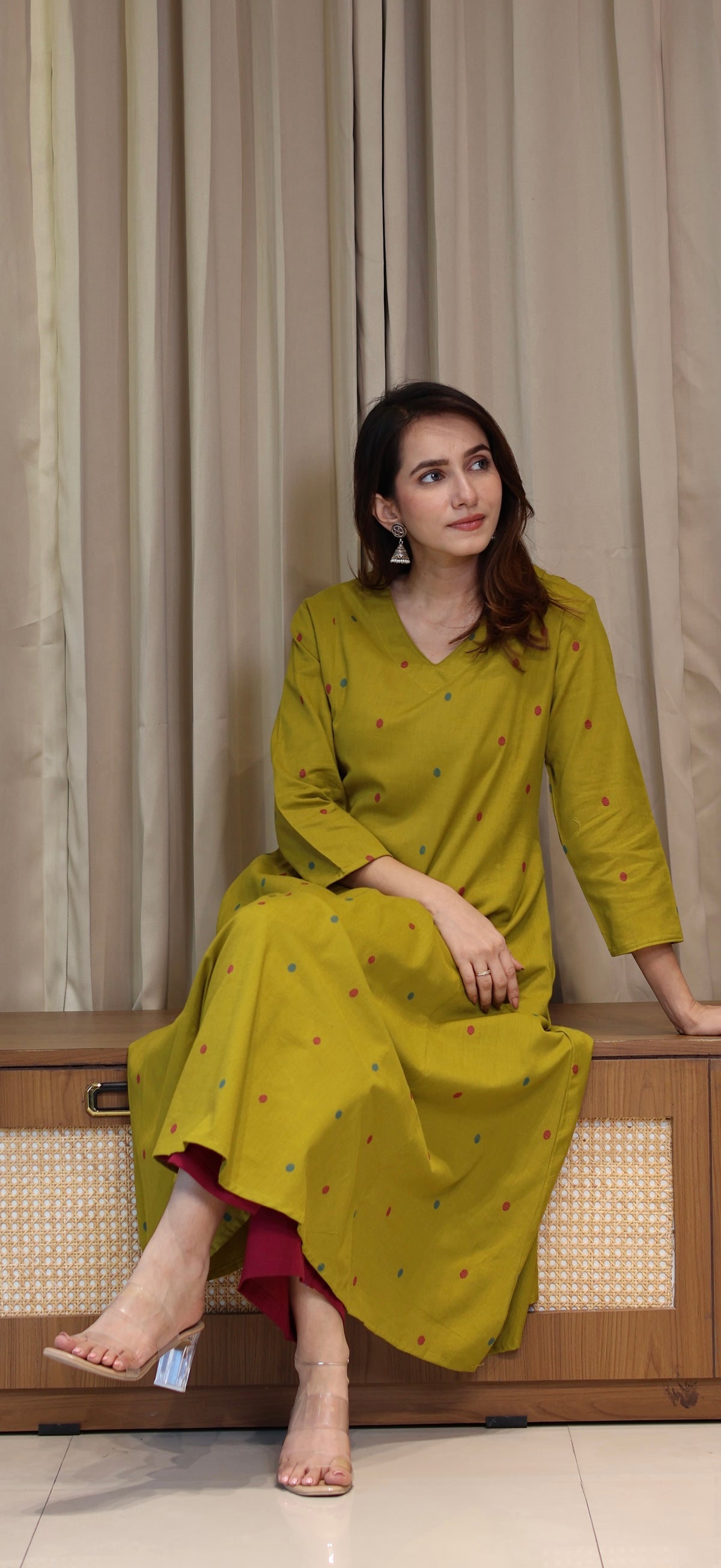 Shaisha Mercerised Cotton Handwoven Kurta - Mustard Olive