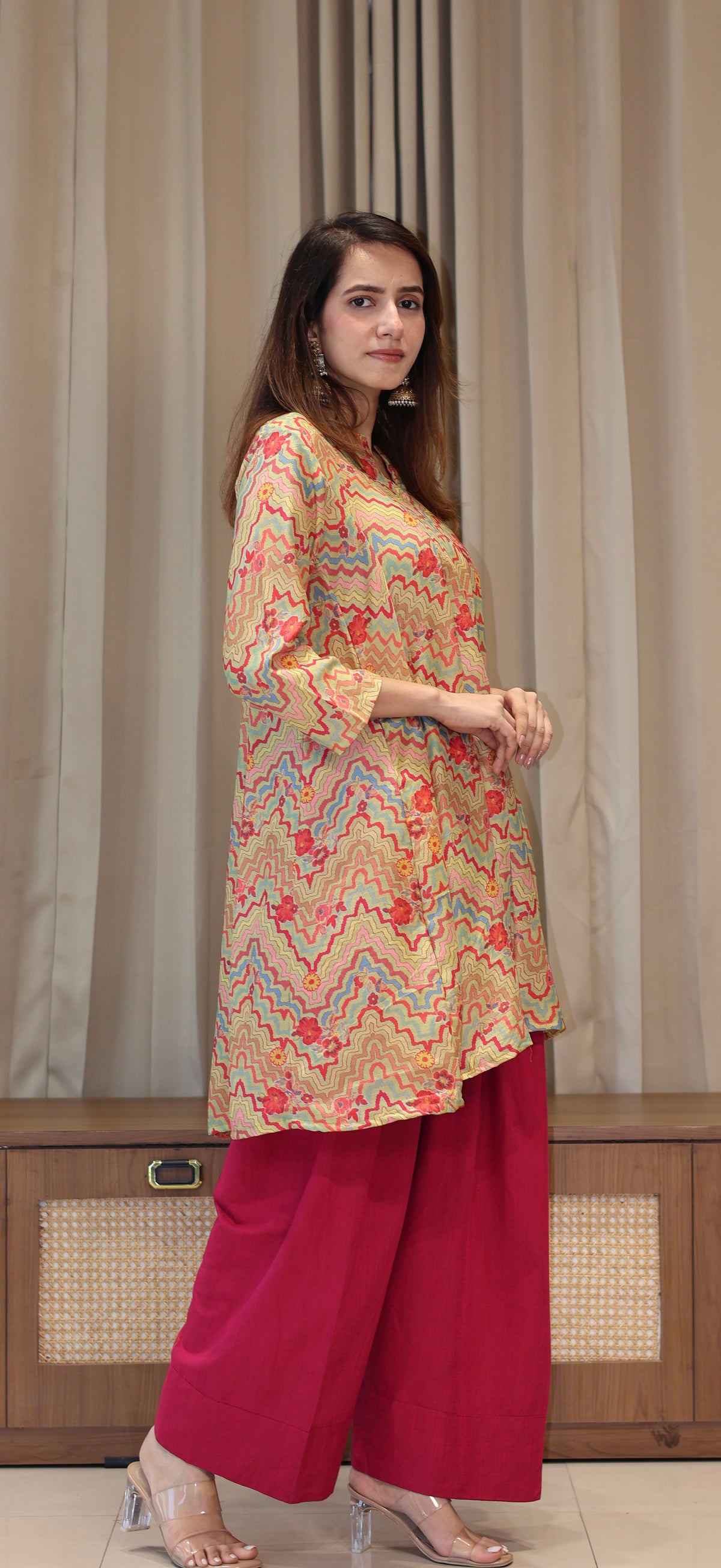 Green Zig Zag Floral Print Cotton Silk Kurta With Farsi Bottom