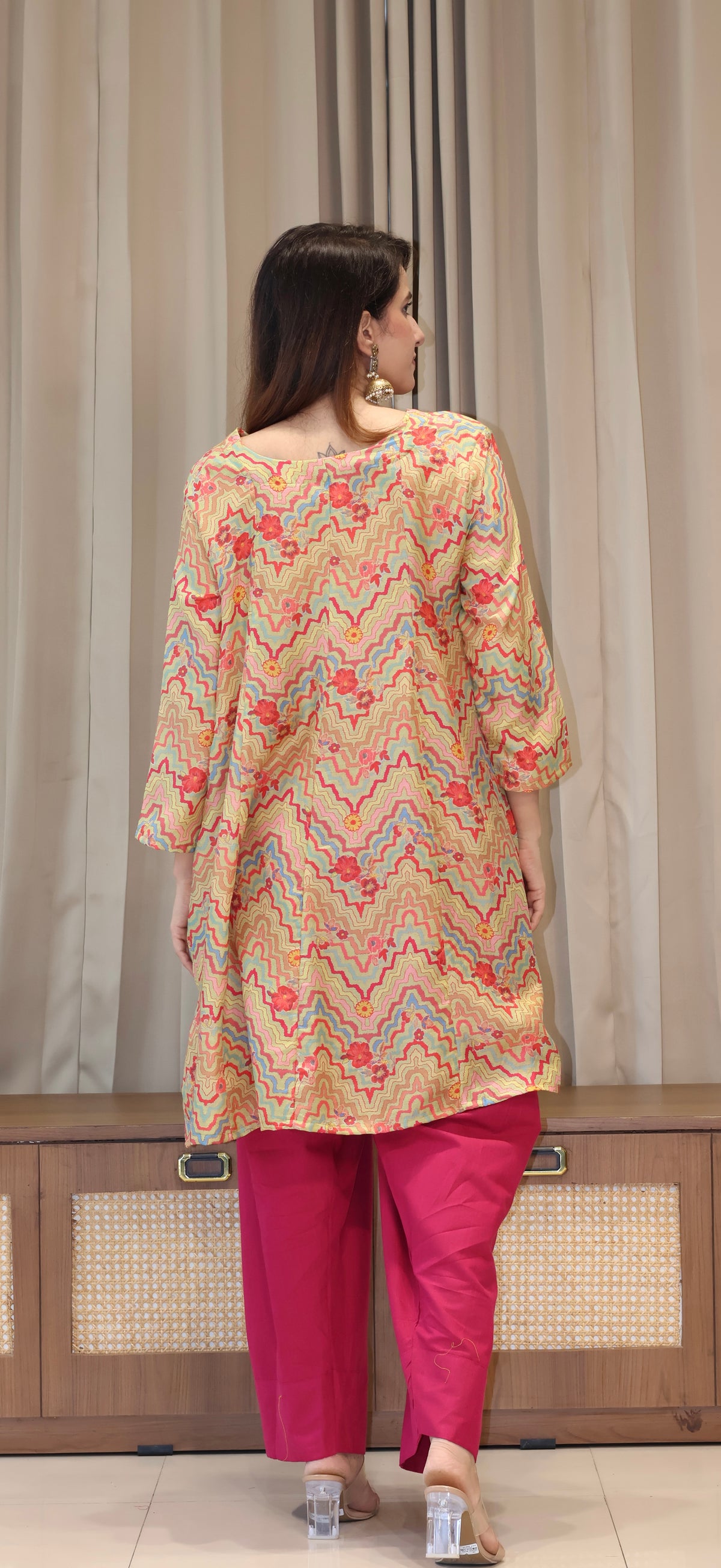 Green Zig Zag Floral Print Cotton Silk Kurta With Farsi Bottom