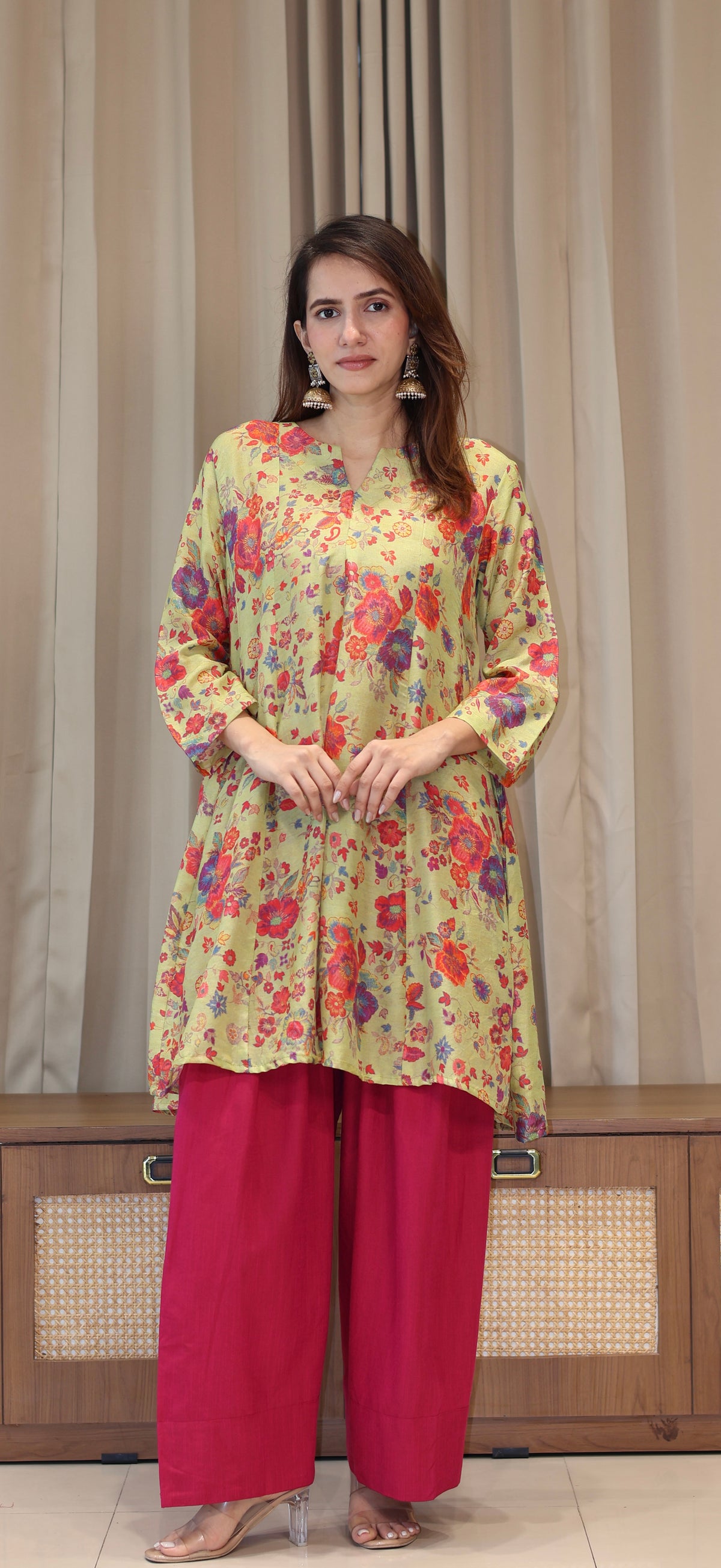 Green Floral Print Cotton Silk Kurta With Farsi Bottom