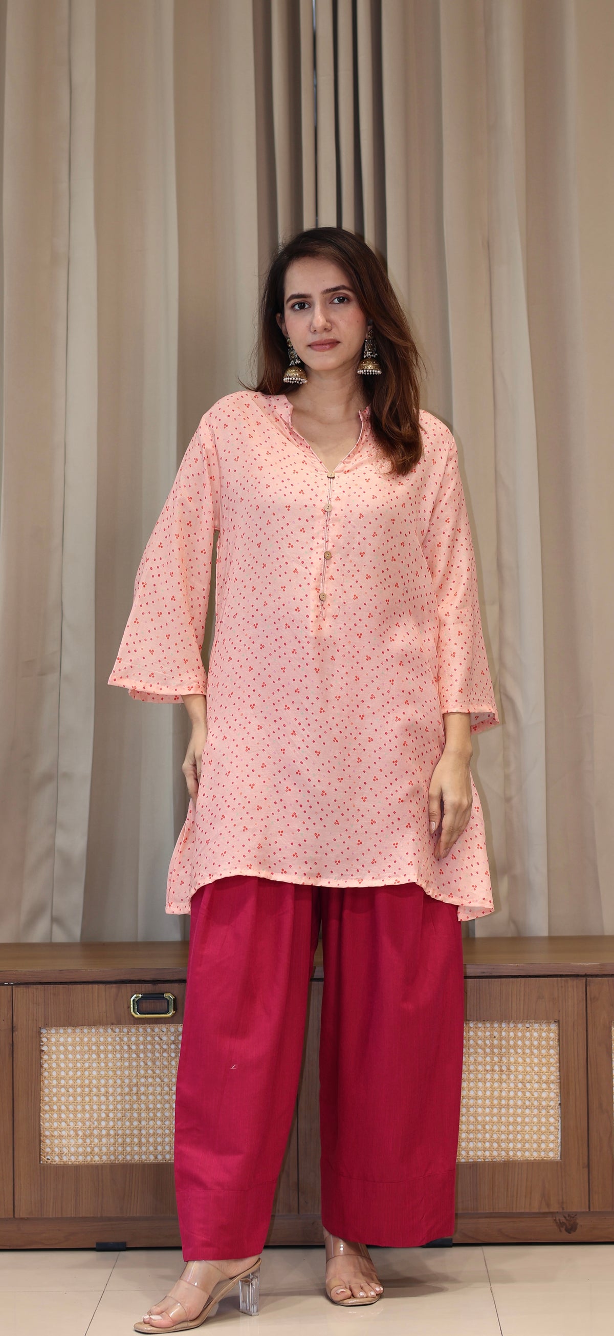 Pink Bandhani Print Cotton Silk Kurta With Farsi Bottom