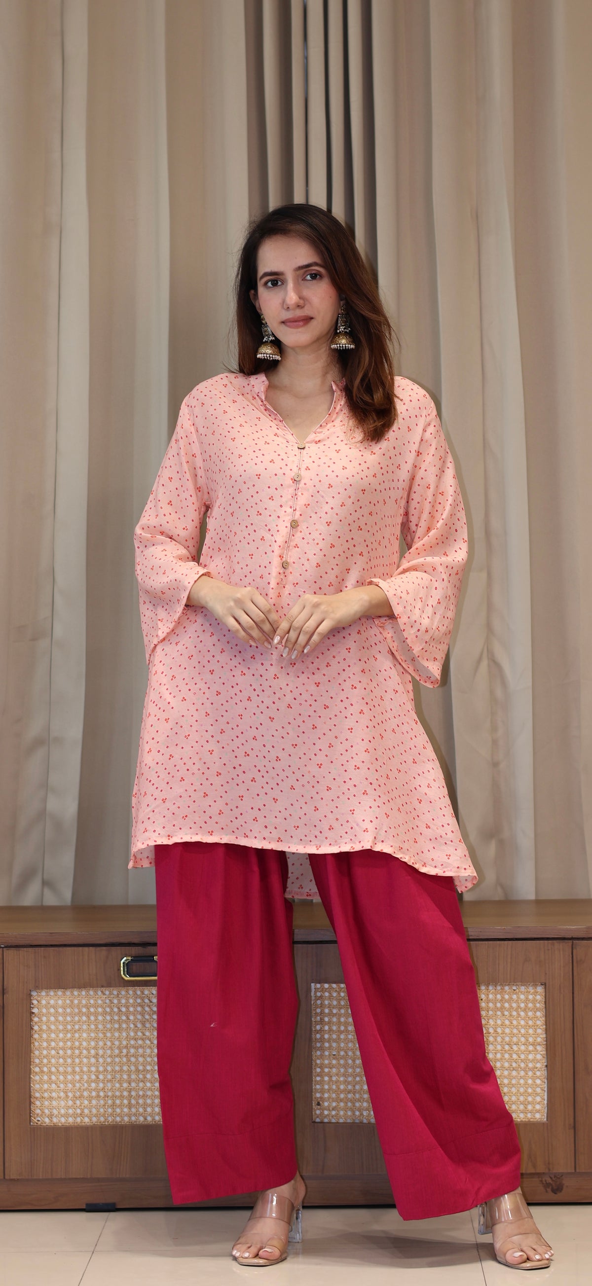 Pink Bandhani Print Cotton Silk Kurta With Farsi Bottom