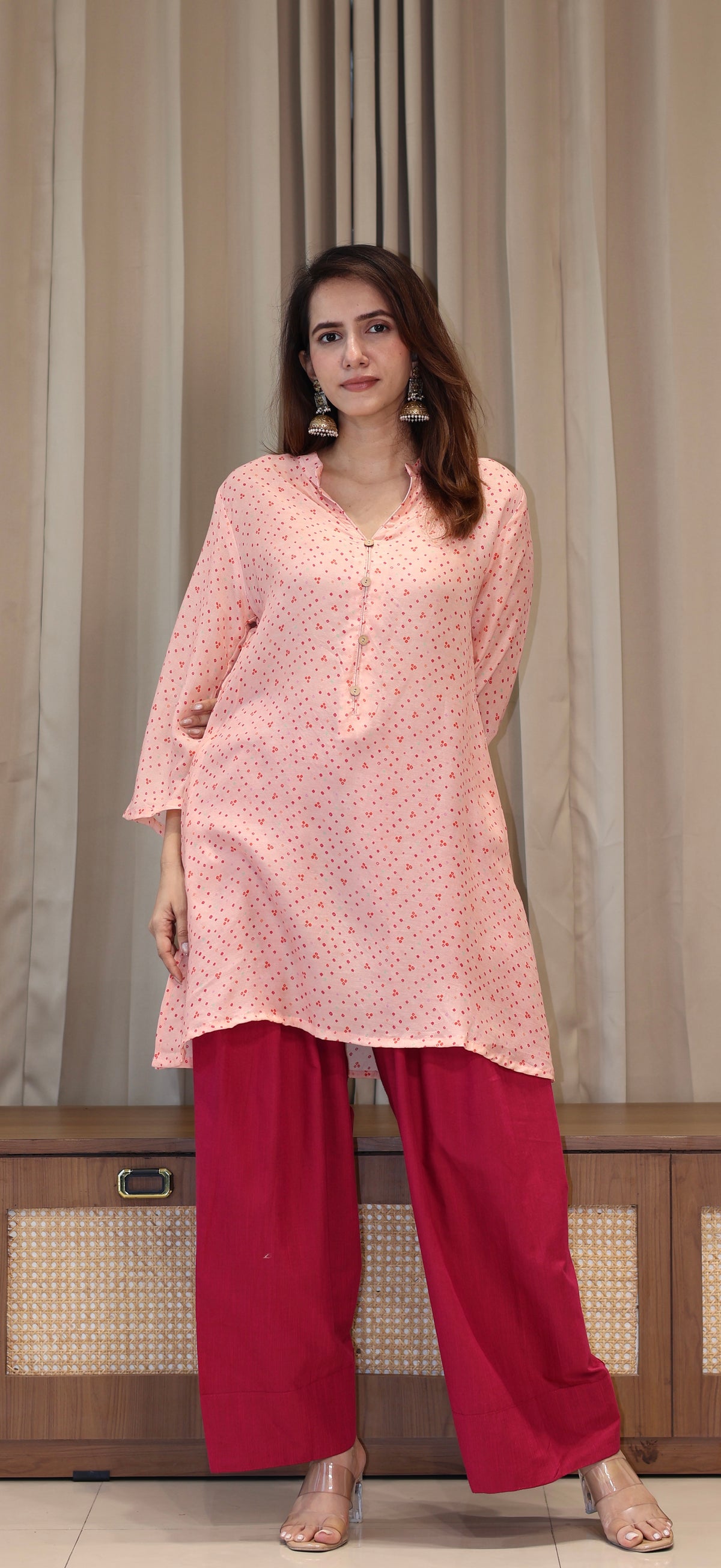 Pink Bandhani Print Cotton Silk Kurta With Farsi Bottom