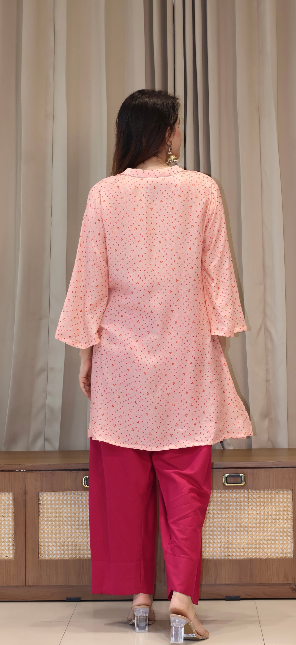 Pink Bandhani Print Cotton Silk Kurta With Farsi Bottom