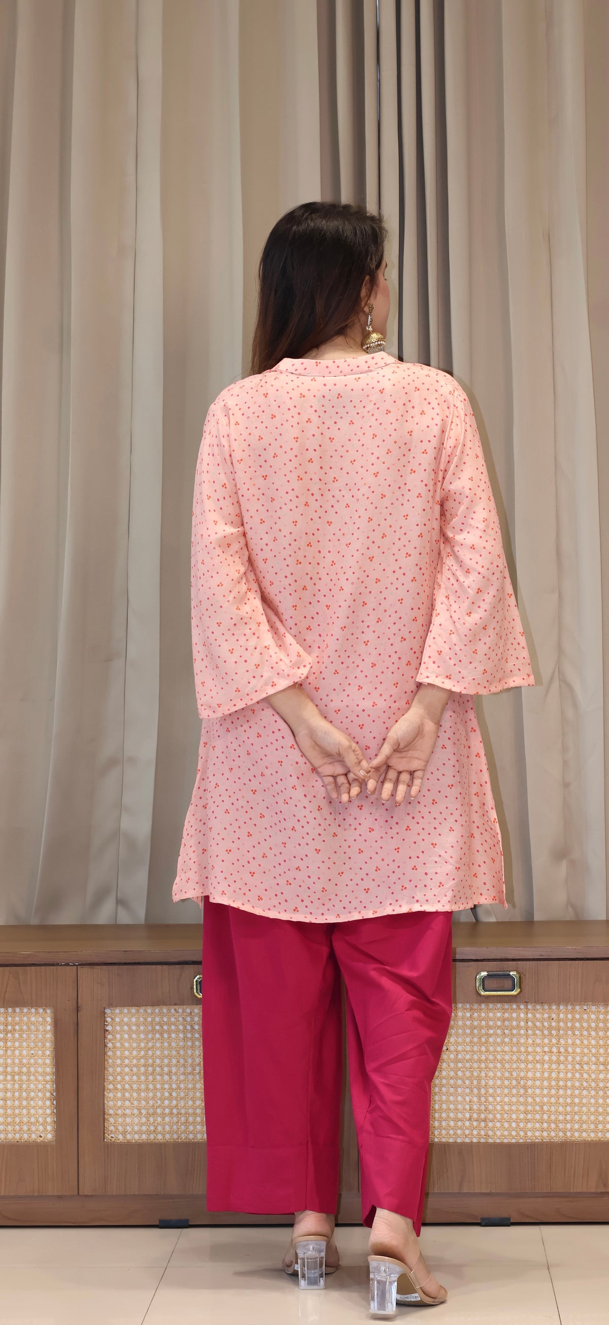 Pink Bandhani Print Cotton Silk Kurta With Farsi Bottom