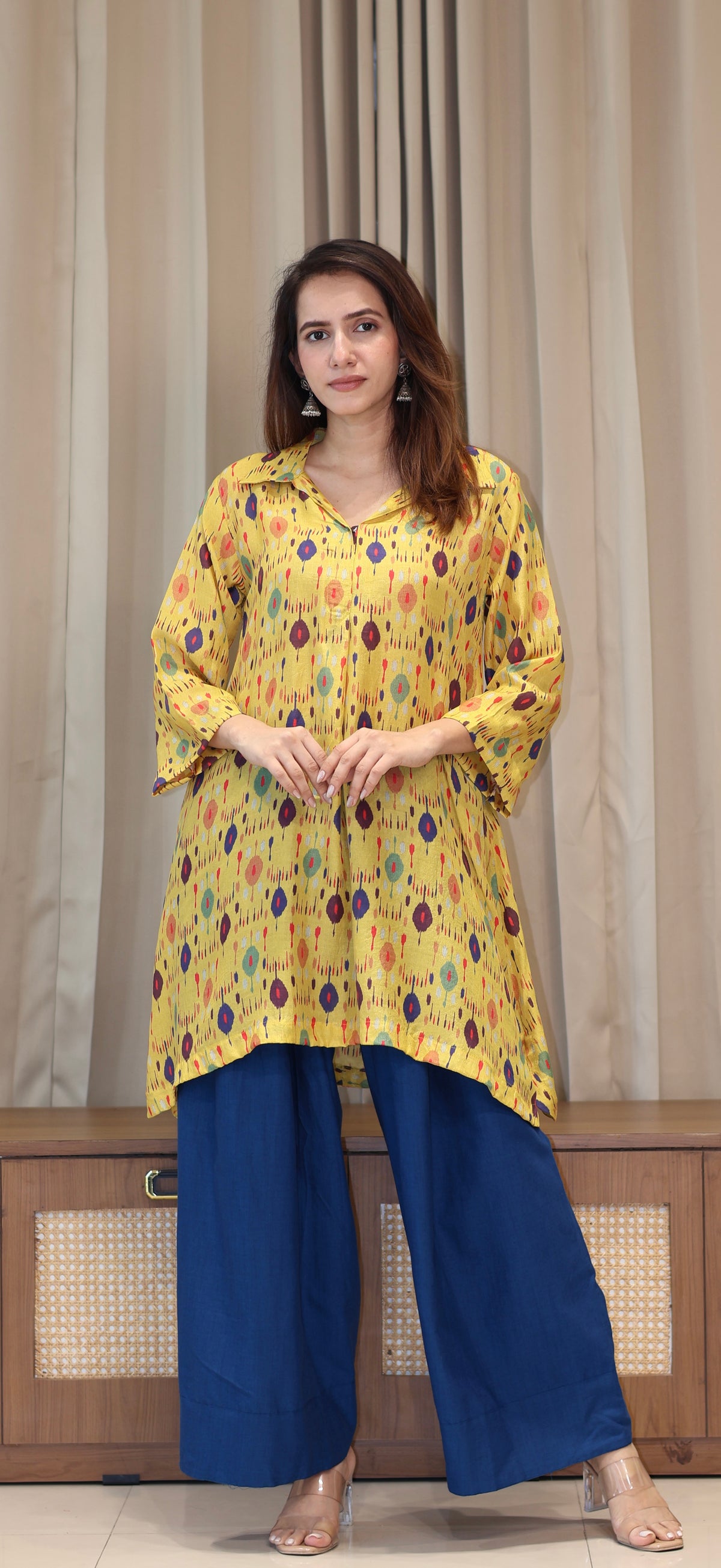 Yellow Ikkat Print Cotton Silk Kurta With Farsi Bottom