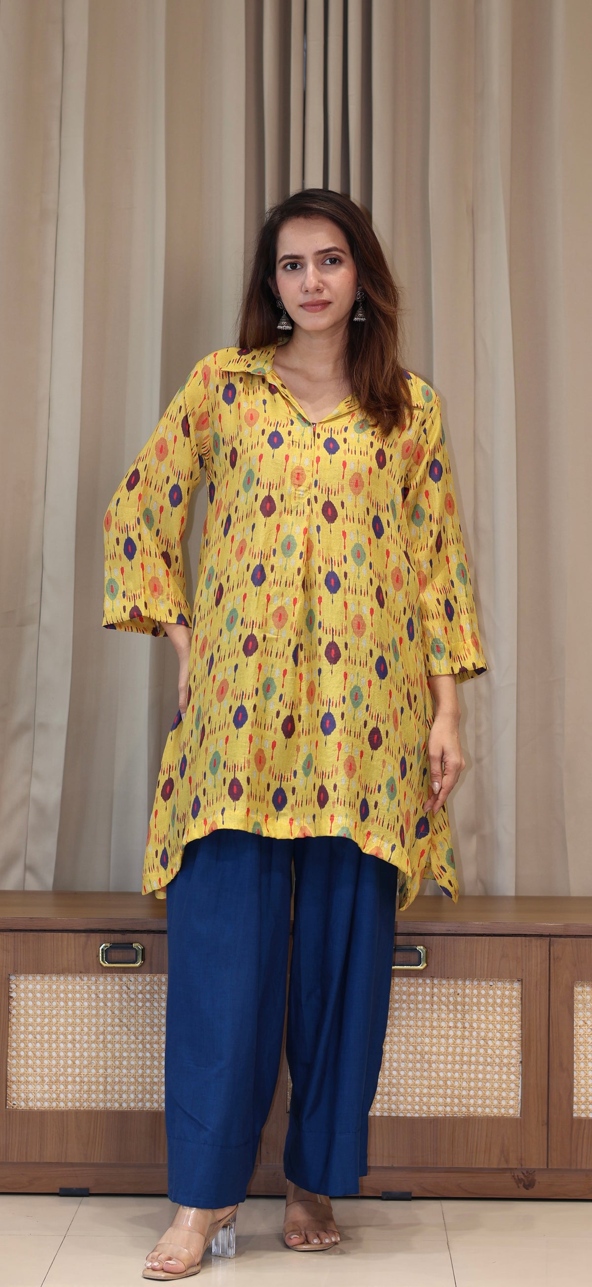 Yellow Ikkat Print Cotton Silk Kurta With Farsi Bottom