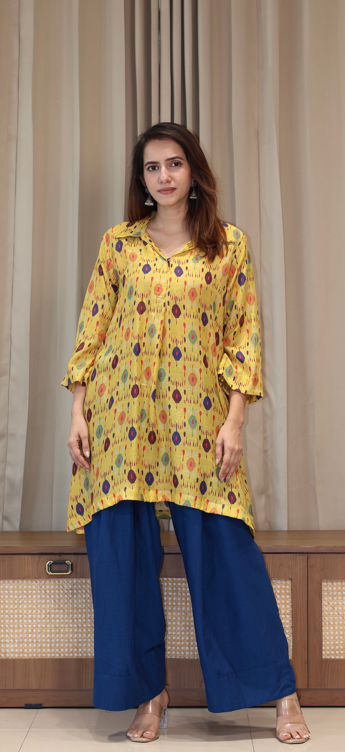 Yellow Ikkat Print Cotton Silk Kurta With Farsi Bottom