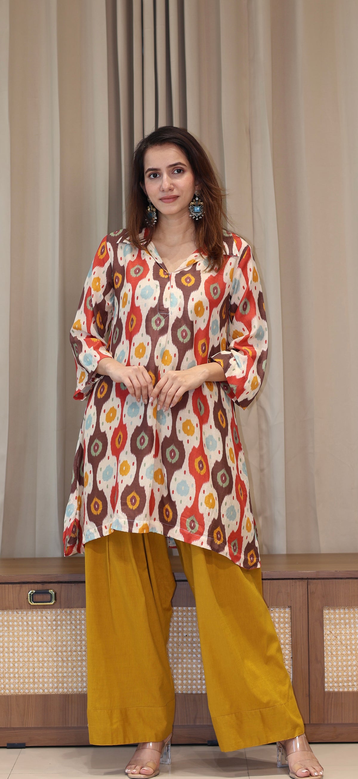 Red/Off White Ikkat Print Cotton Silk Kurta With Farsi Bottom