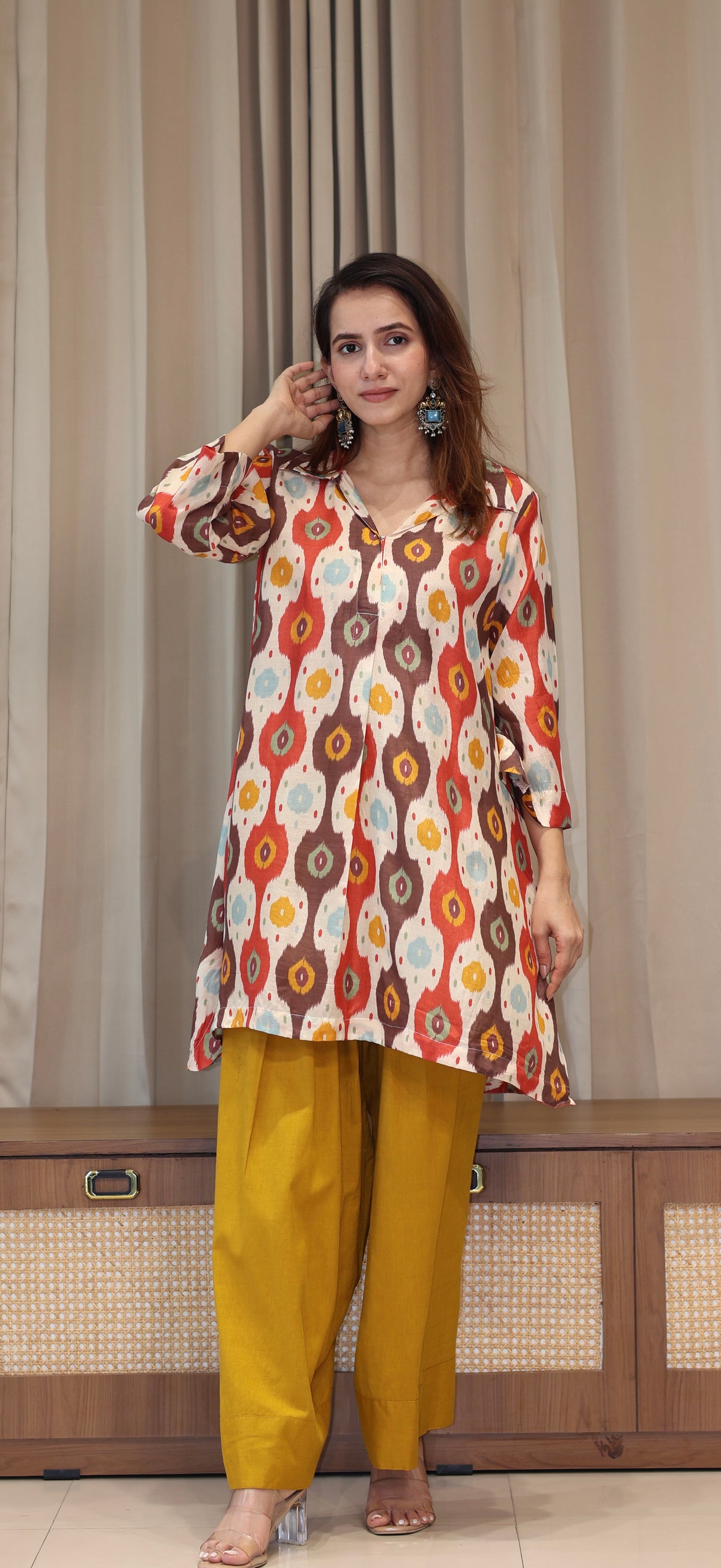 Red/Off White Ikkat Print Cotton Silk Kurta With Farsi Bottom