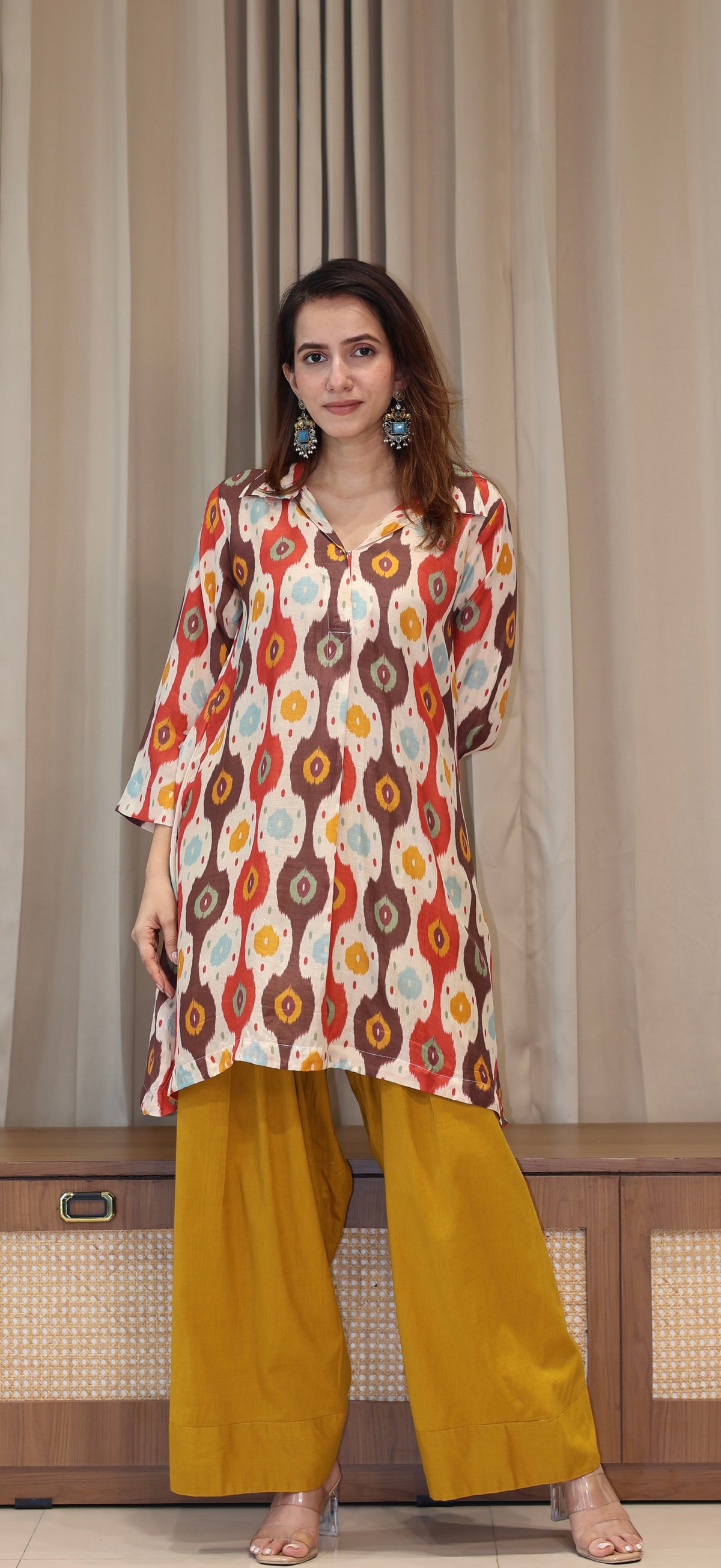 Red/Off White Ikkat Print Cotton Silk Kurta With Farsi Bottom