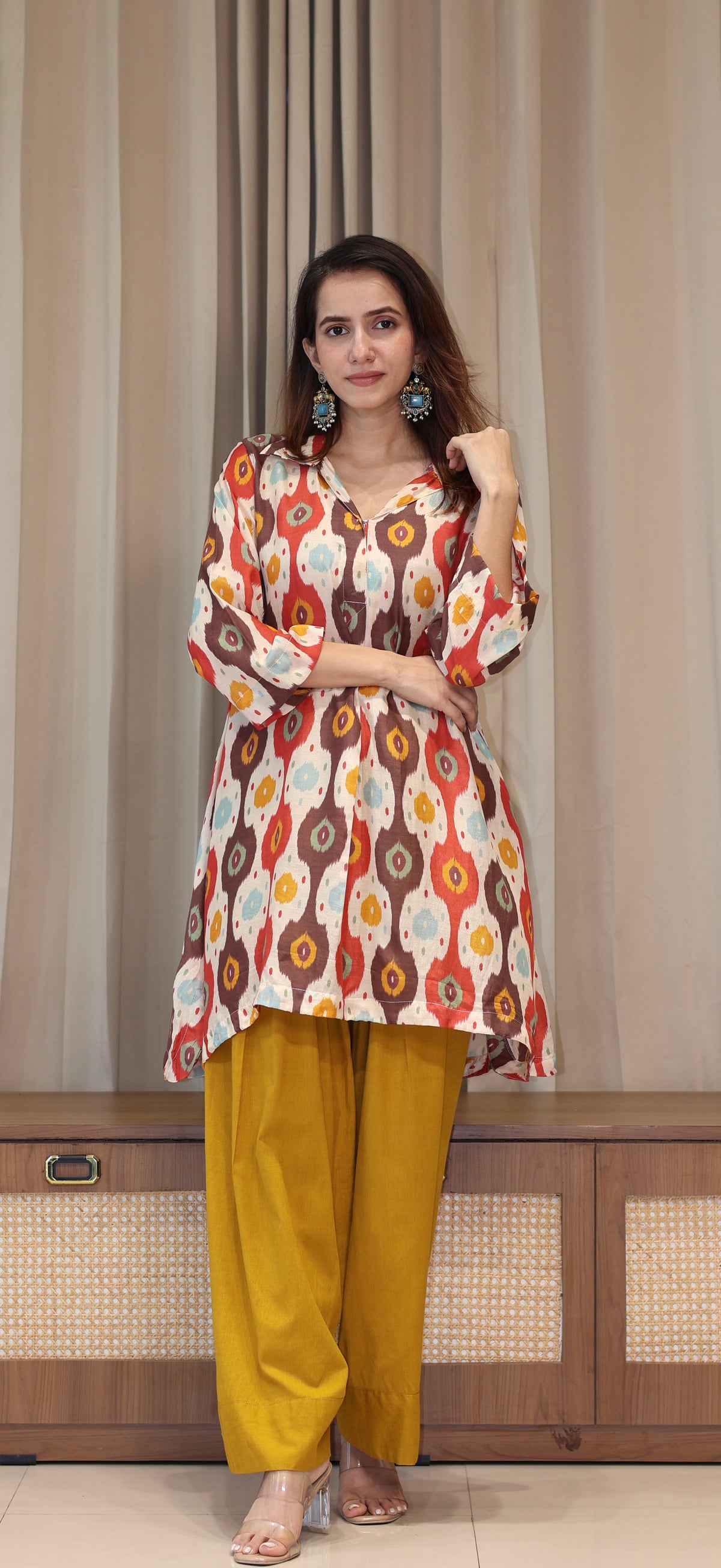 Red/Off White Ikkat Print Cotton Silk Kurta With Farsi Bottom