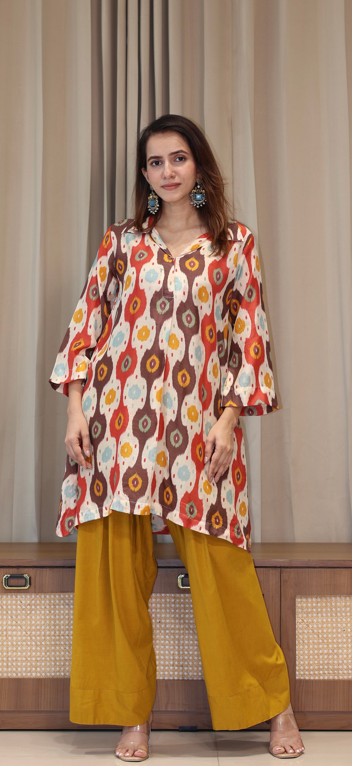 Red/Off White Ikkat Print Cotton Silk Kurta With Farsi Bottom