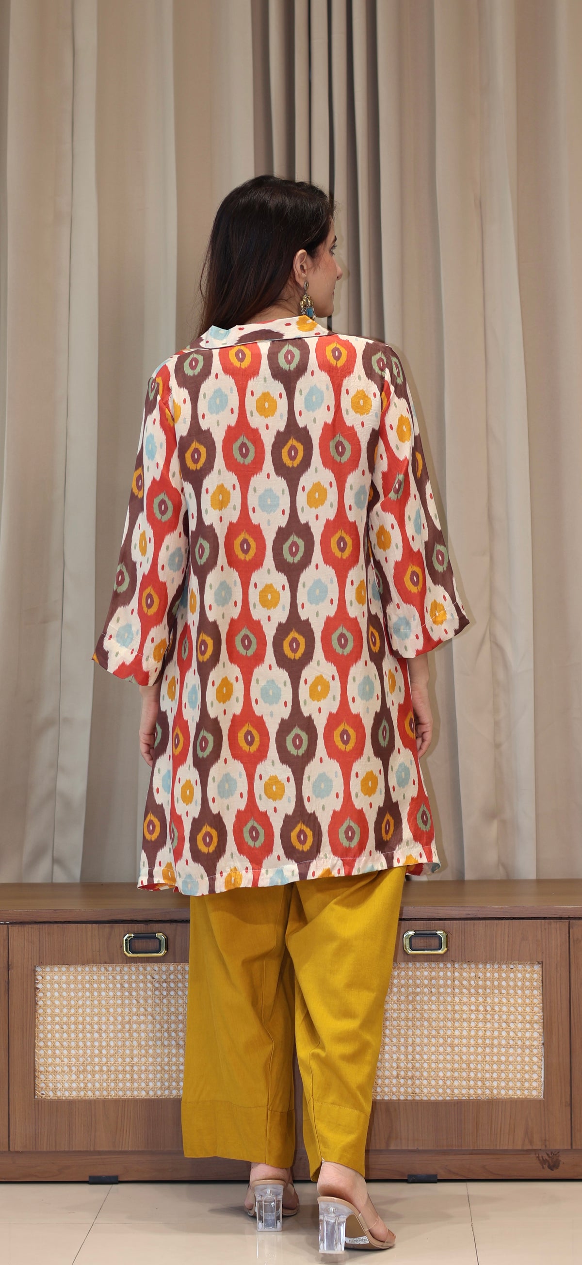 Red/Off White Ikkat Print Cotton Silk Kurta With Farsi Bottom