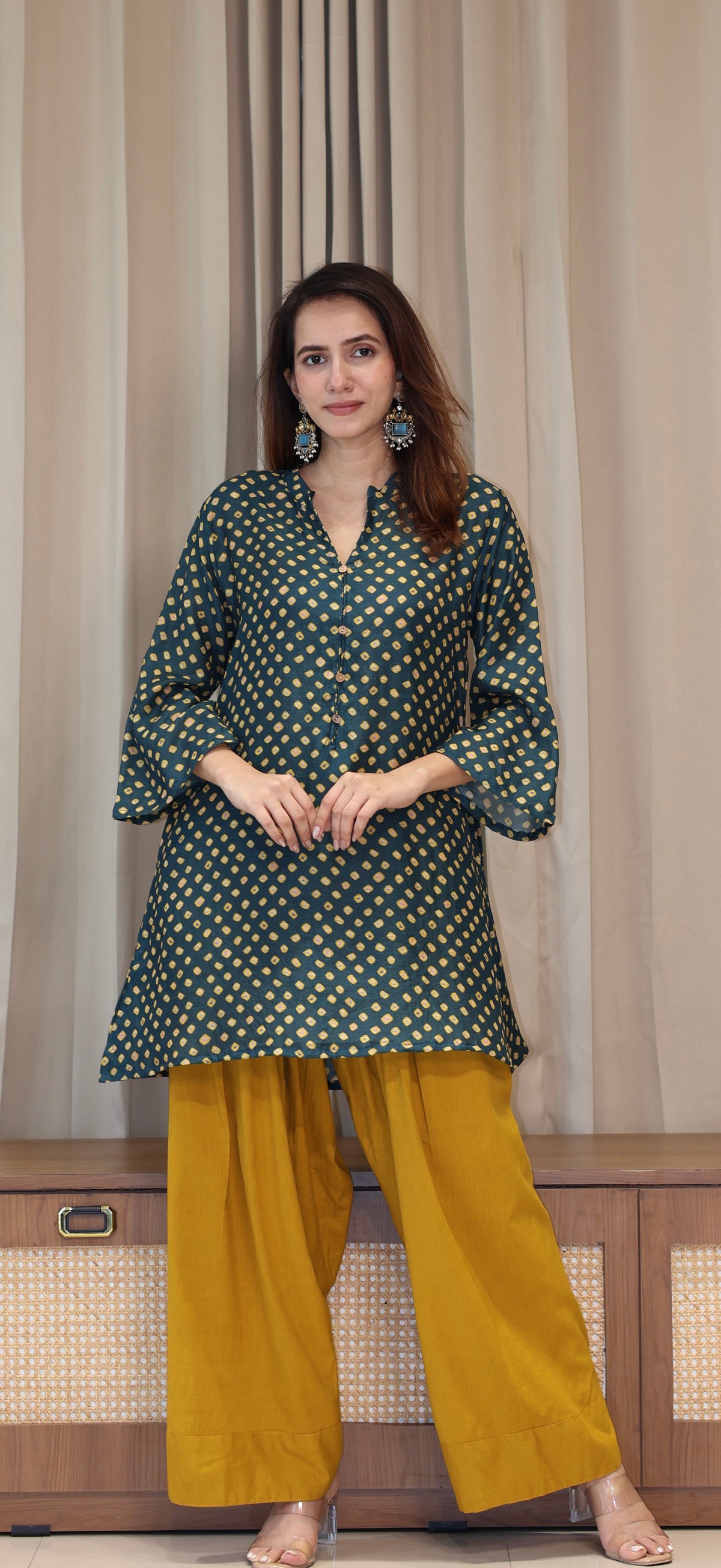 Green Bandhani Print Cotton Silk Kurta With Farsi Bottom