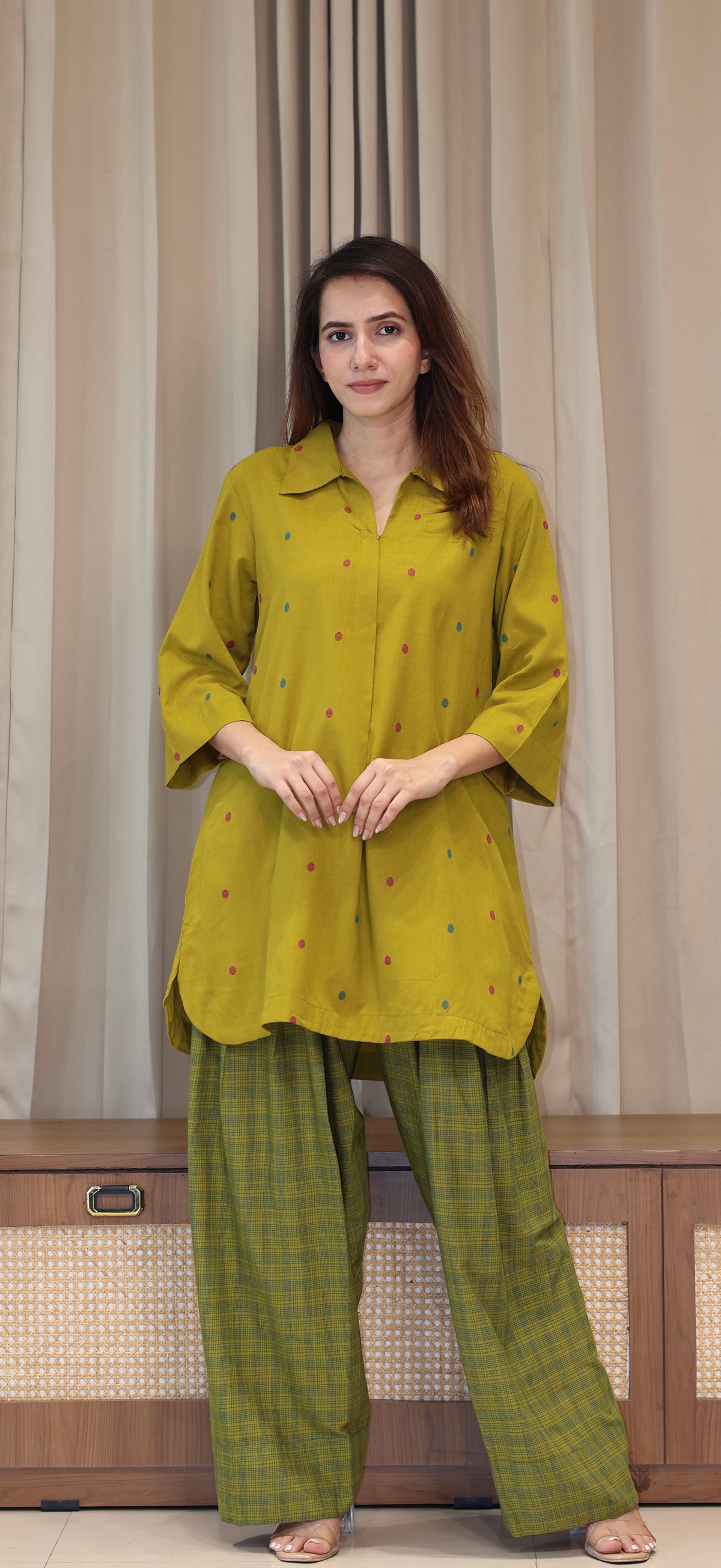 Riddhi Mercerised Cotton Handwoven Kurta Set - Mustard Olive