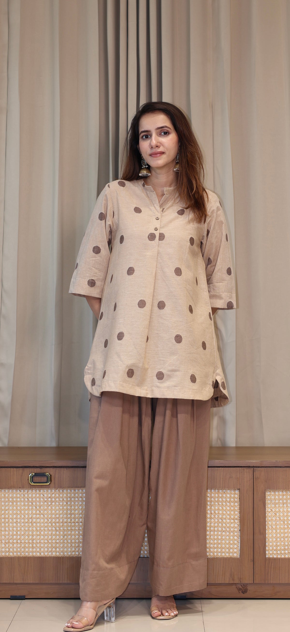 Shubhi Handwoven Cotton Kali Kurta Set - Beige