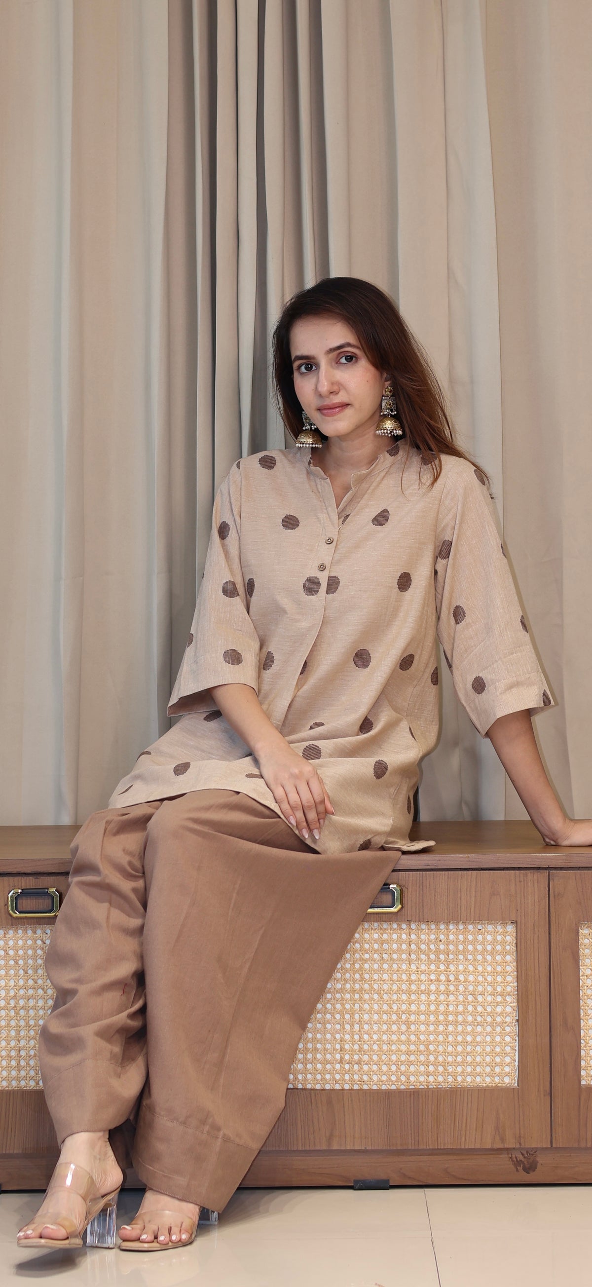 Shubhi Handwoven Cotton Kali Kurta Set - Beige