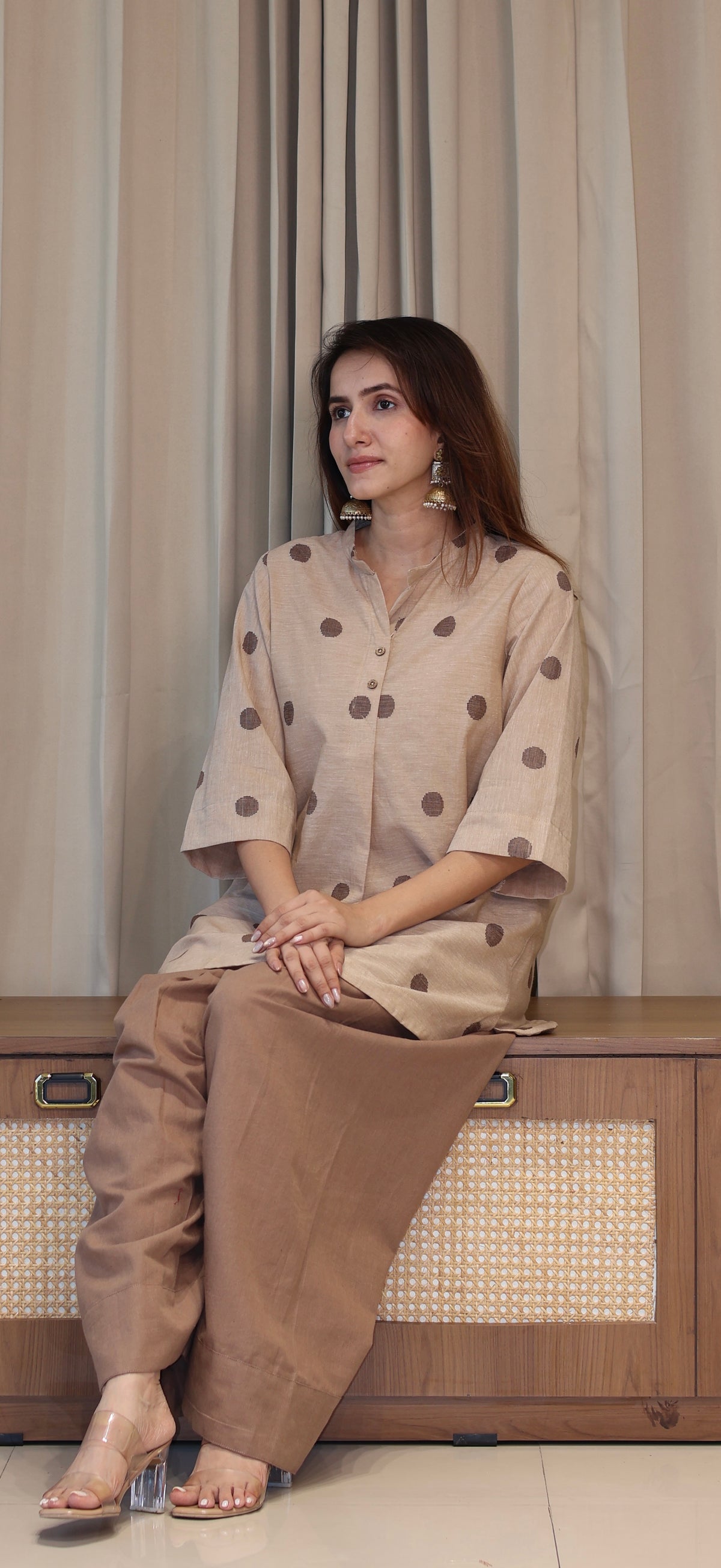 Shubhi Handwoven Cotton Kali Kurta Set - Beige