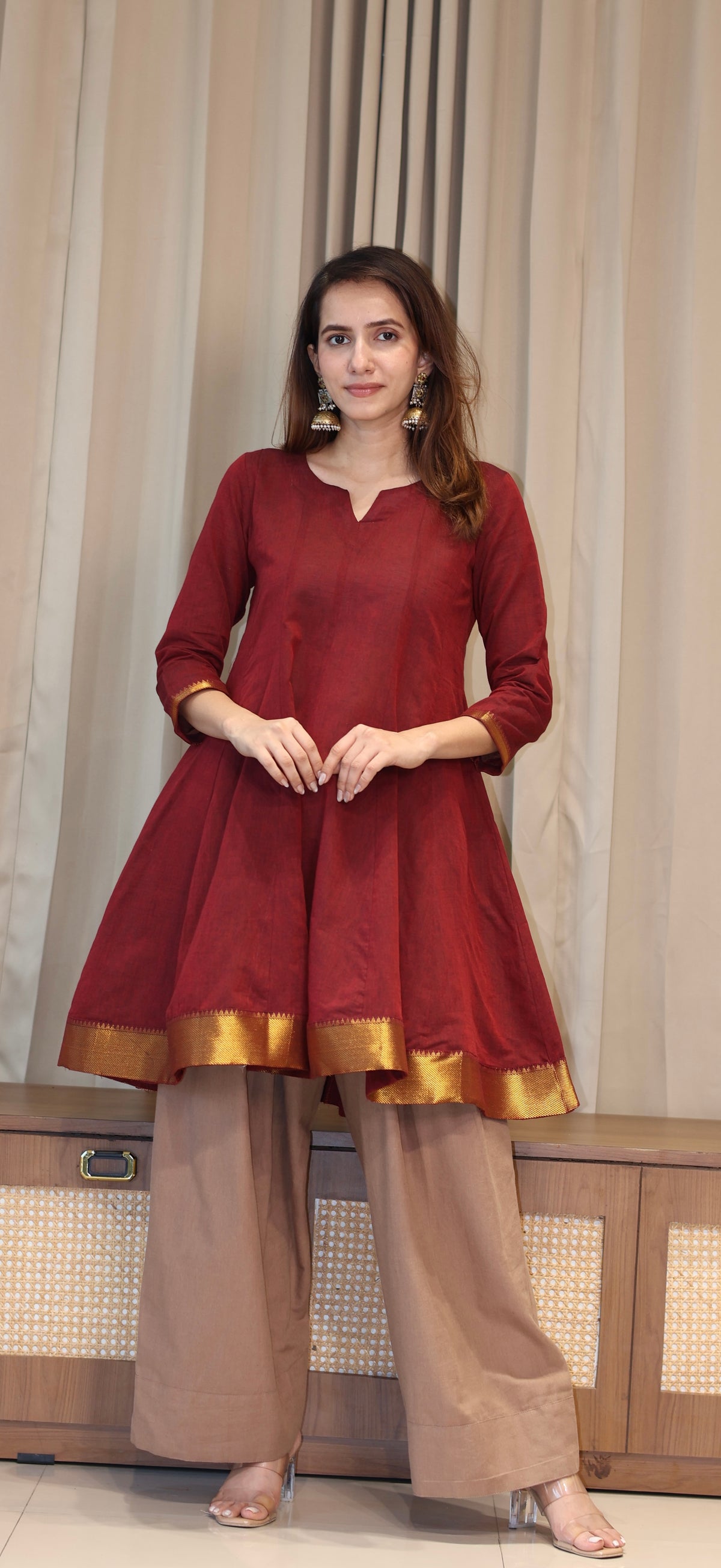 Dhvani Mangalgiri Cotton Kali Kurta Set With Nizam Border - Maroon