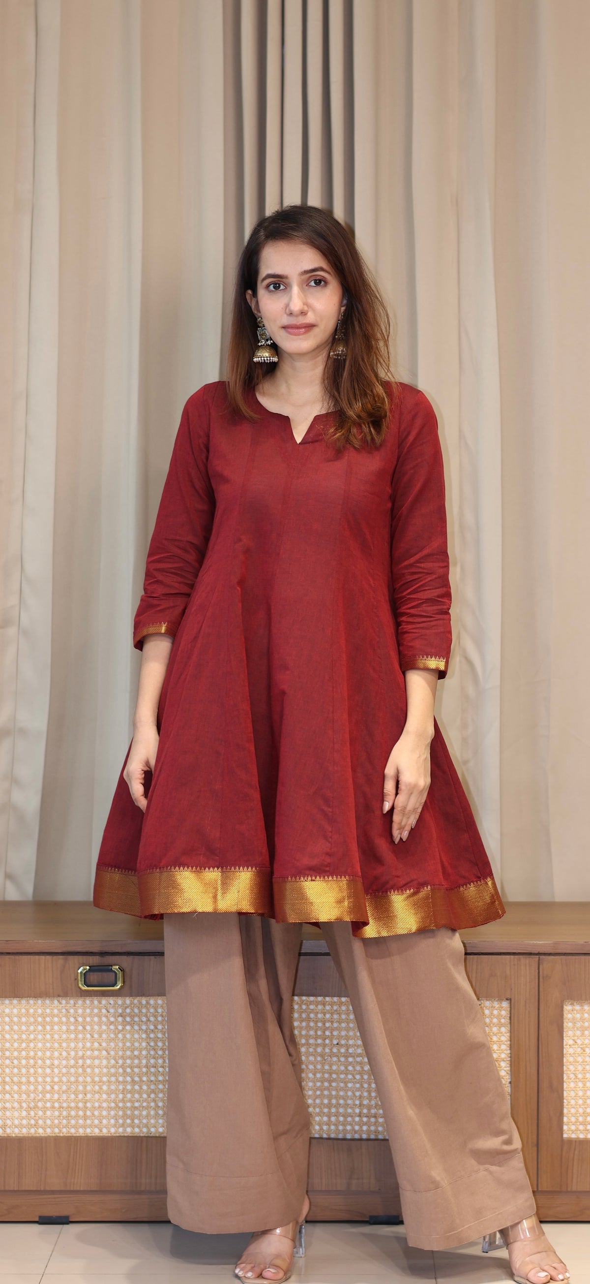 Dhvani Mangalgiri Cotton Kali Kurta Set With Nizam Border - Maroon