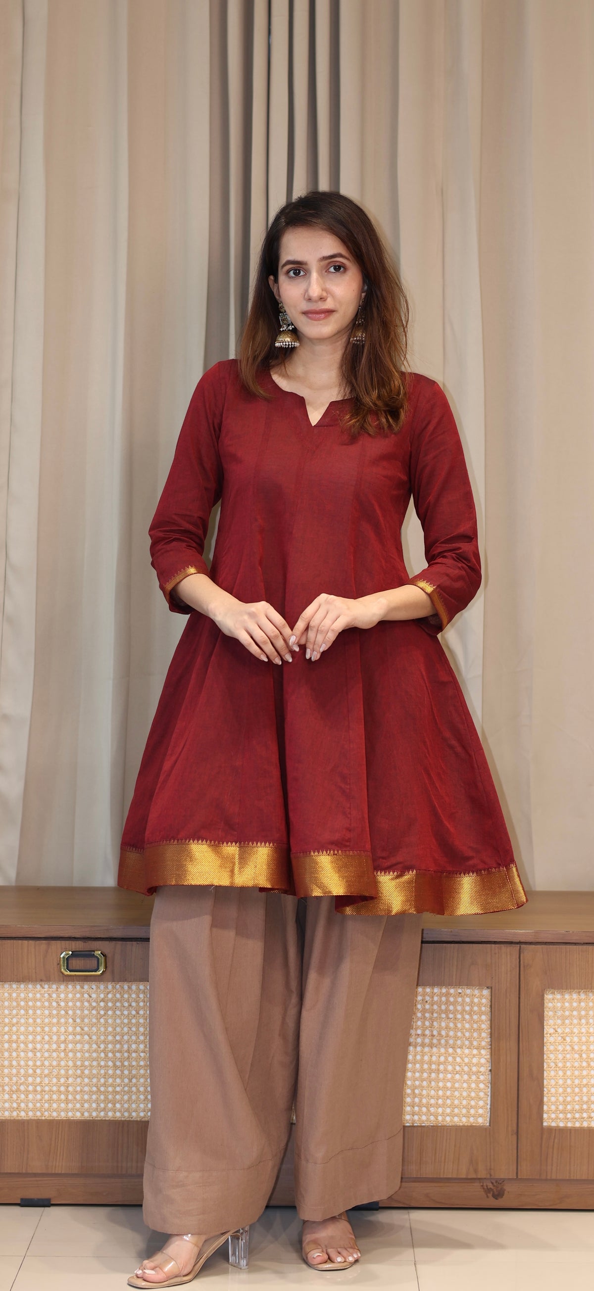 Dhvani Mangalgiri Cotton Kali Kurta Set With Nizam Border - Maroon