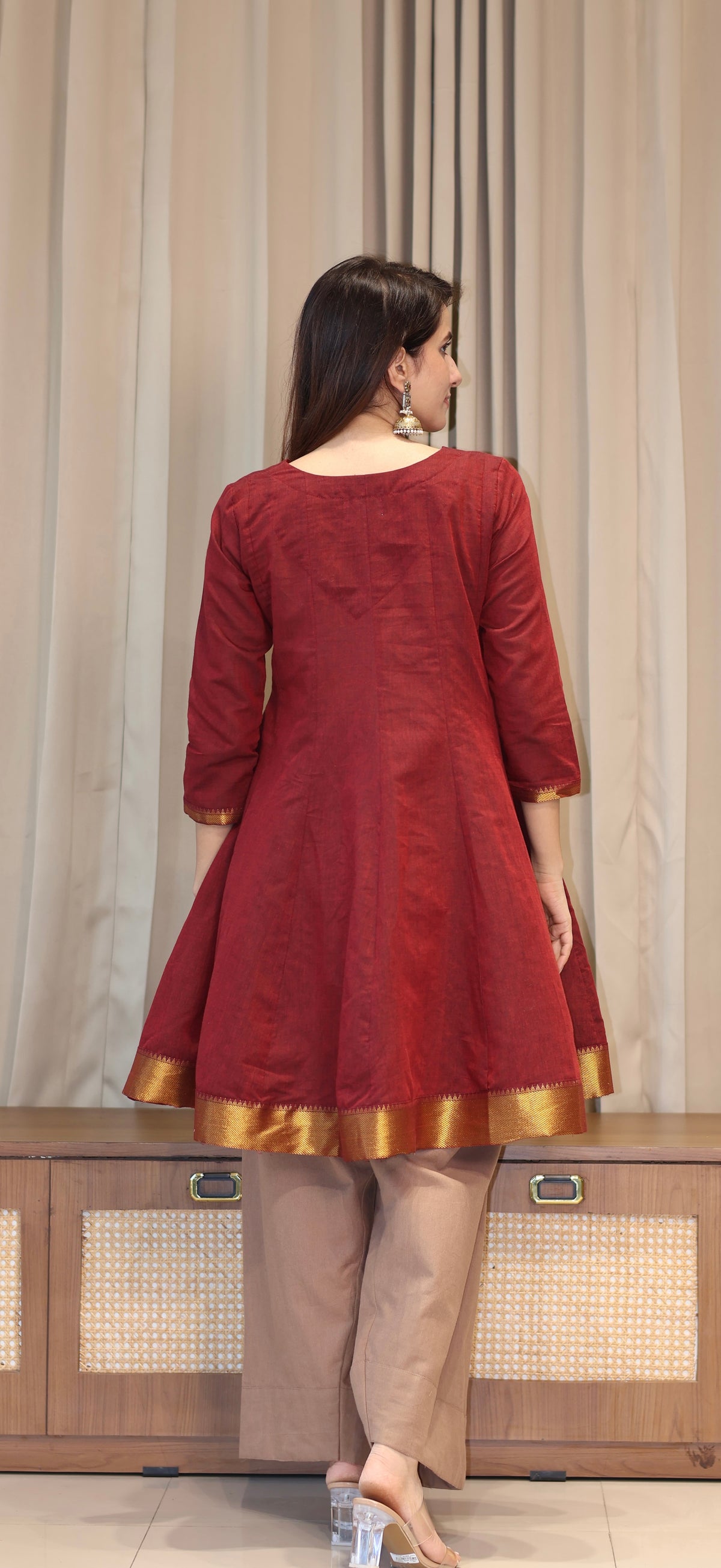 Dhvani Mangalgiri Cotton Kali Kurta Set With Nizam Border - Maroon